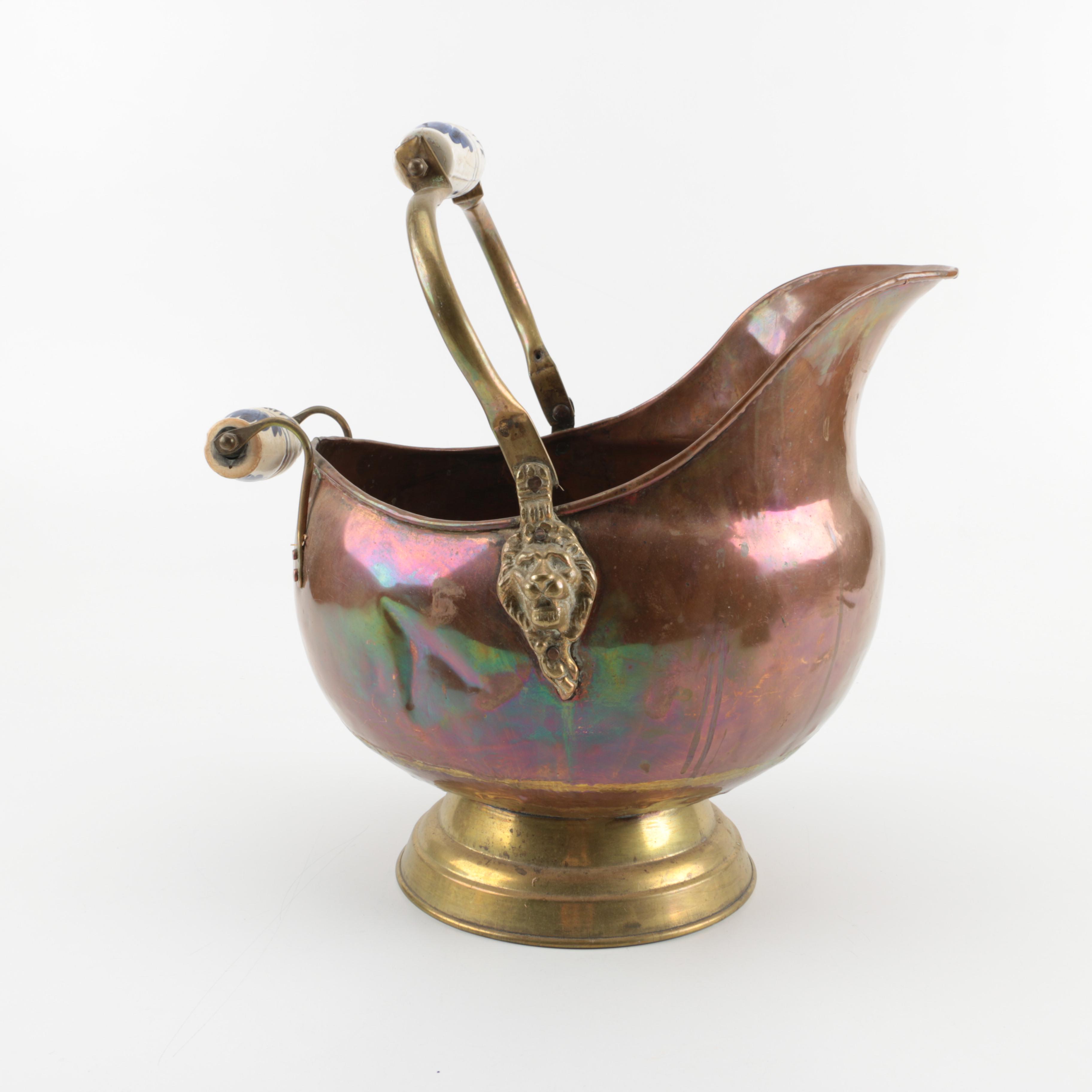 Vintage Copper Coal Scuttle with Ceramic Handle