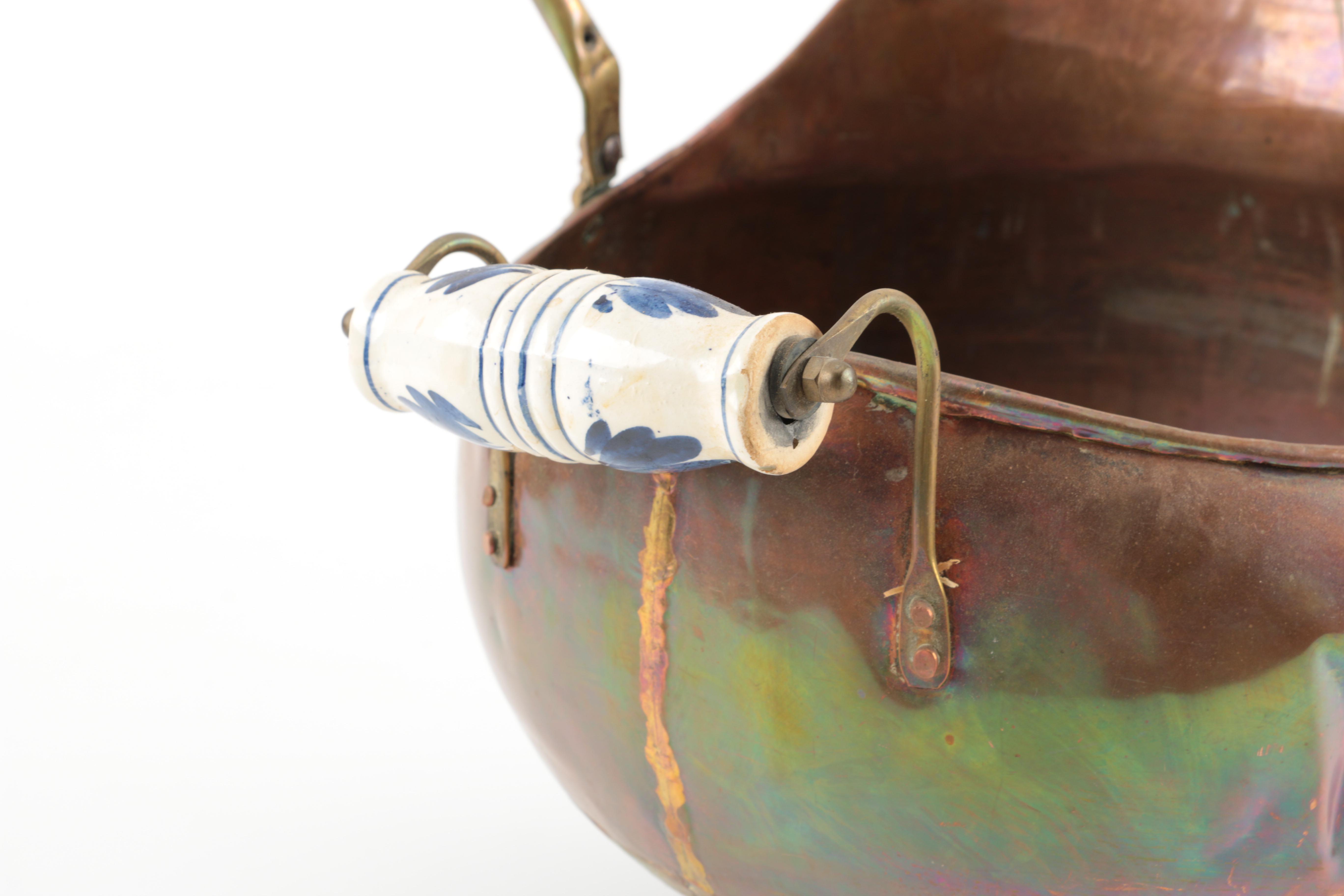 Vintage Copper Coal Scuttle with Ceramic Handle