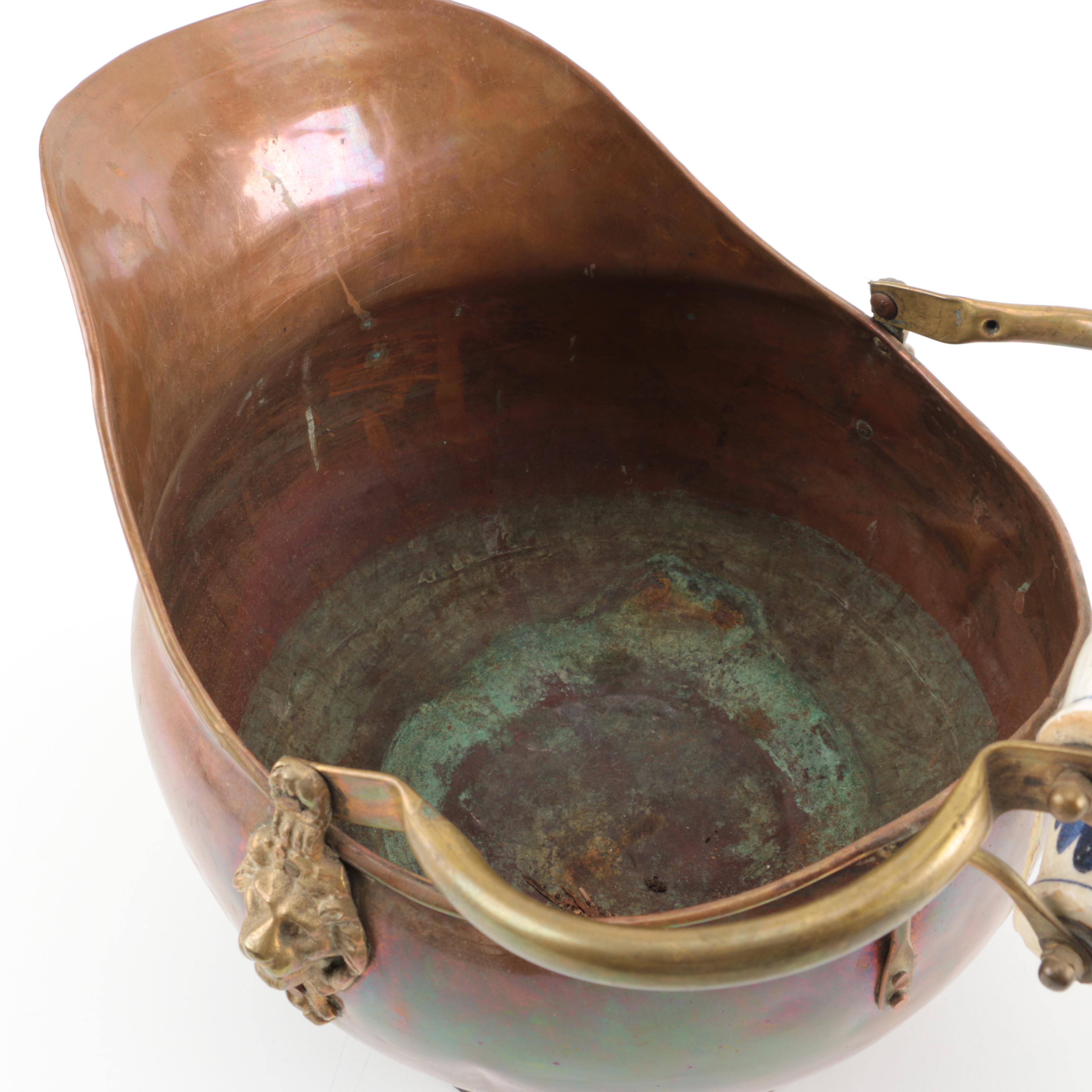 Vintage Copper Coal Scuttle with Ceramic Handle