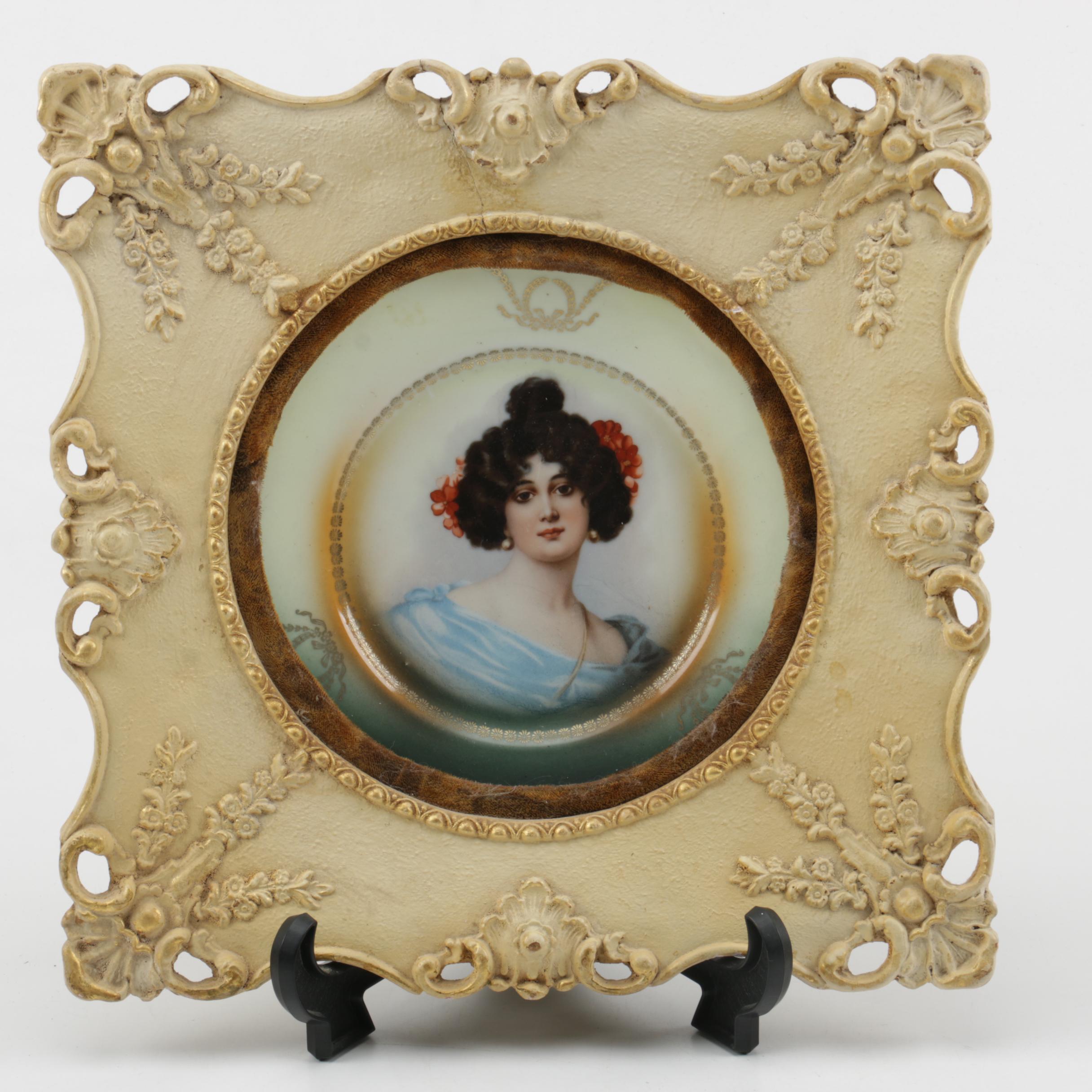 Vintage Porcelain Plate and Carved Wood Frame