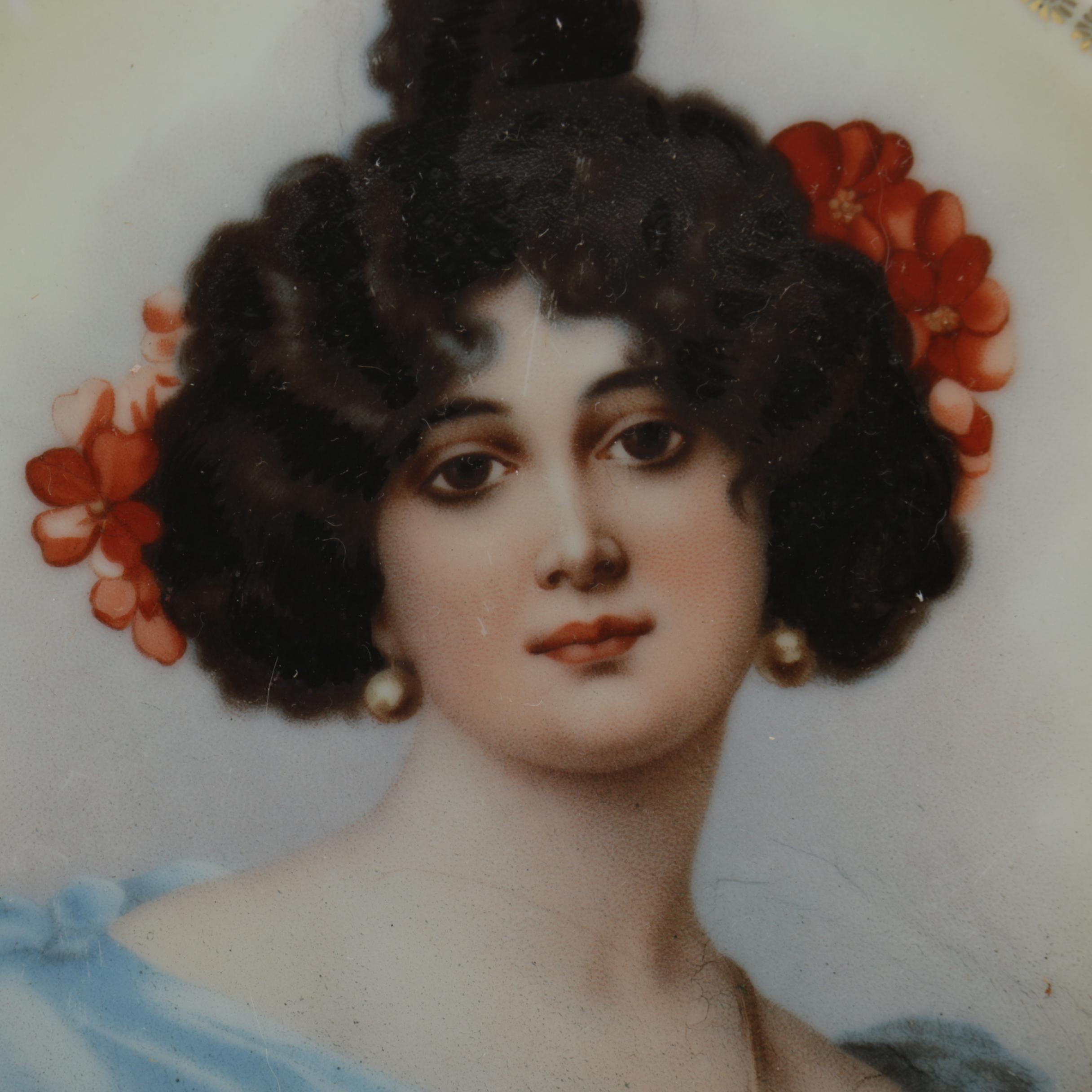 Vintage Porcelain Plate and Carved Wood Frame