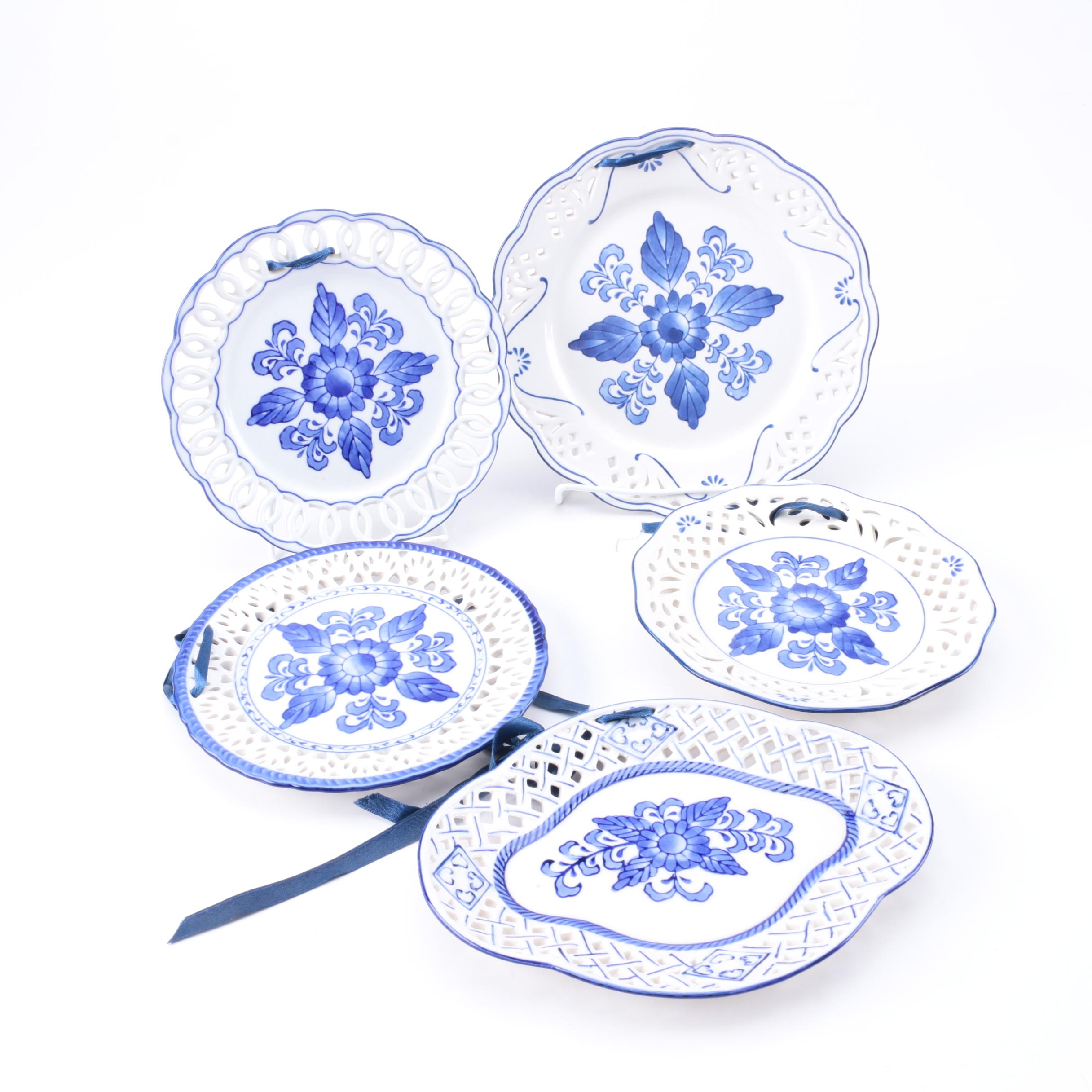 Blue and White Floral Ceramic Decorative Wall Plates