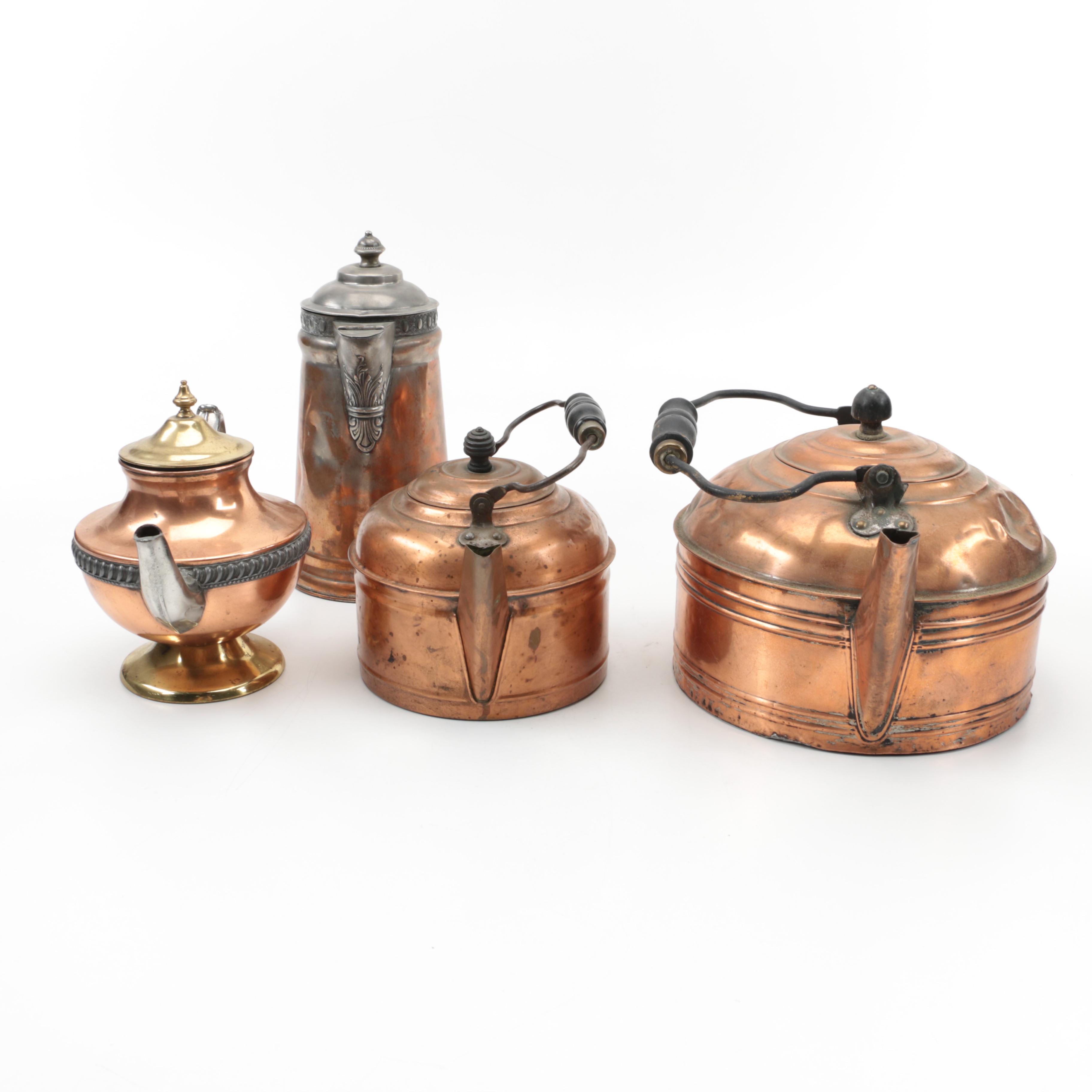 Vintage Copper Teapots and Kettles Including Manning & Bowman