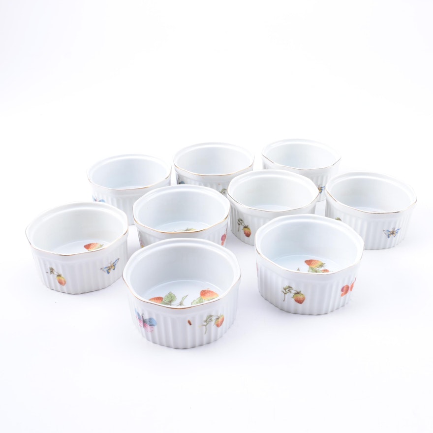 Nine White Porcelain Ramekins with Strawberry Motifs