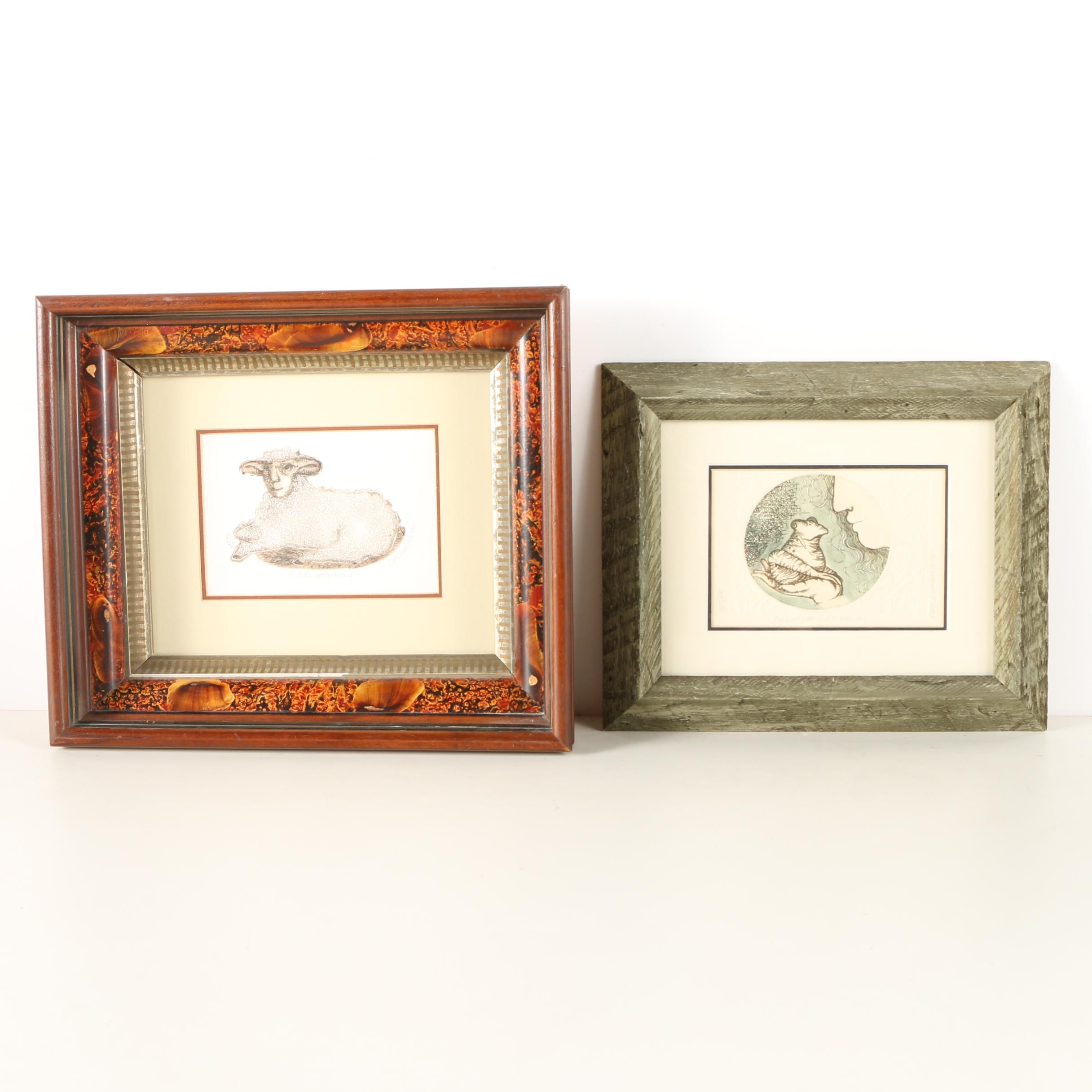 Carol Lummus Limited Edition Etchings of a Frog and Sheep