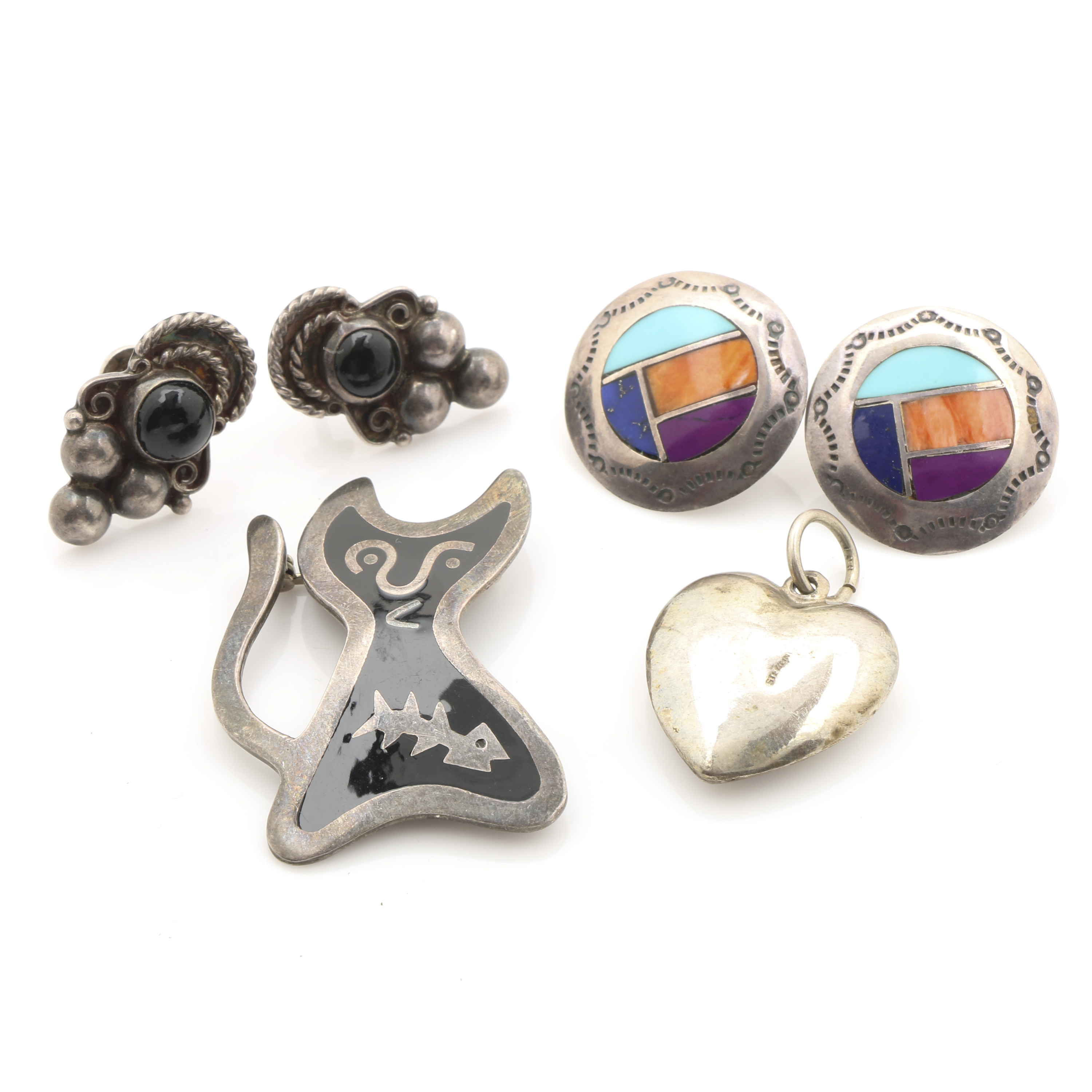 Sterling Silver Jewelry Featuring James Mason Inlay and Anne Harvey Enameled Cat