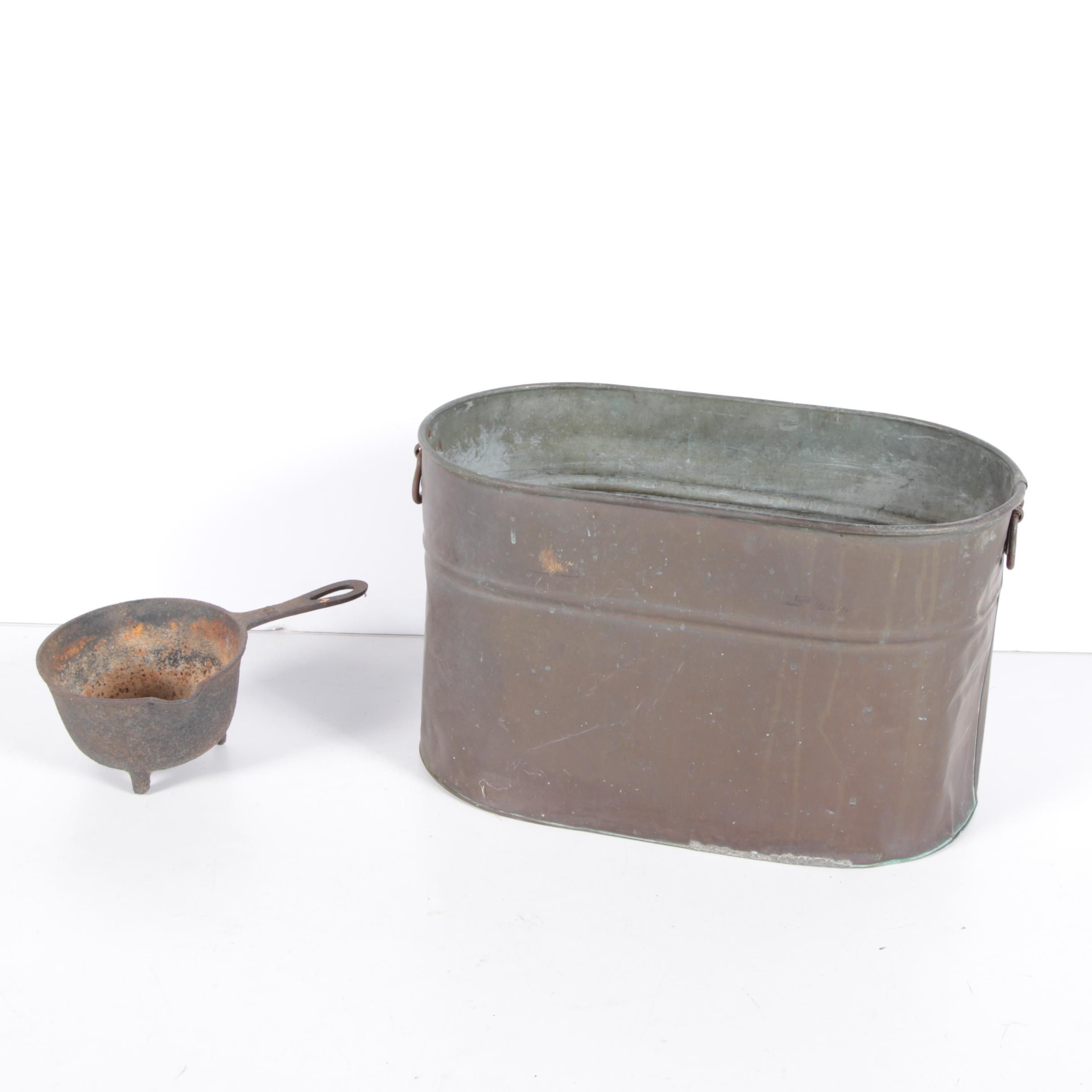 Vintage Copper Clad Wash Tub and Cast Iron Footed Pan