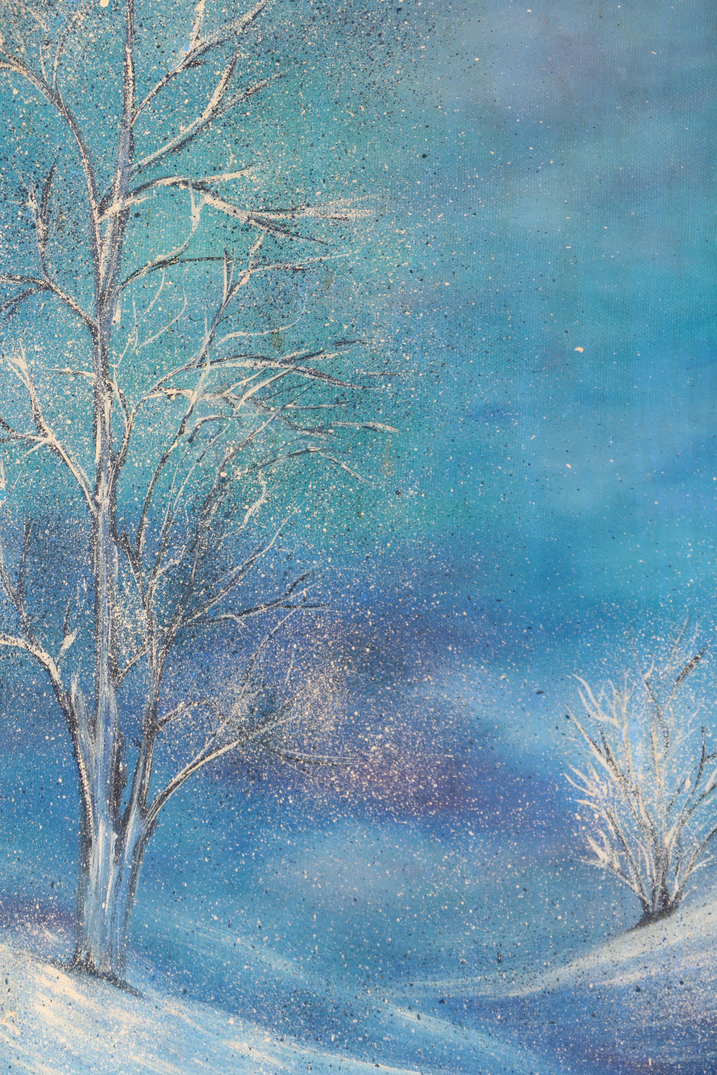 June 1981 Acrylic Painting on Canvas of Winter Landscape with Snow Covered Trees