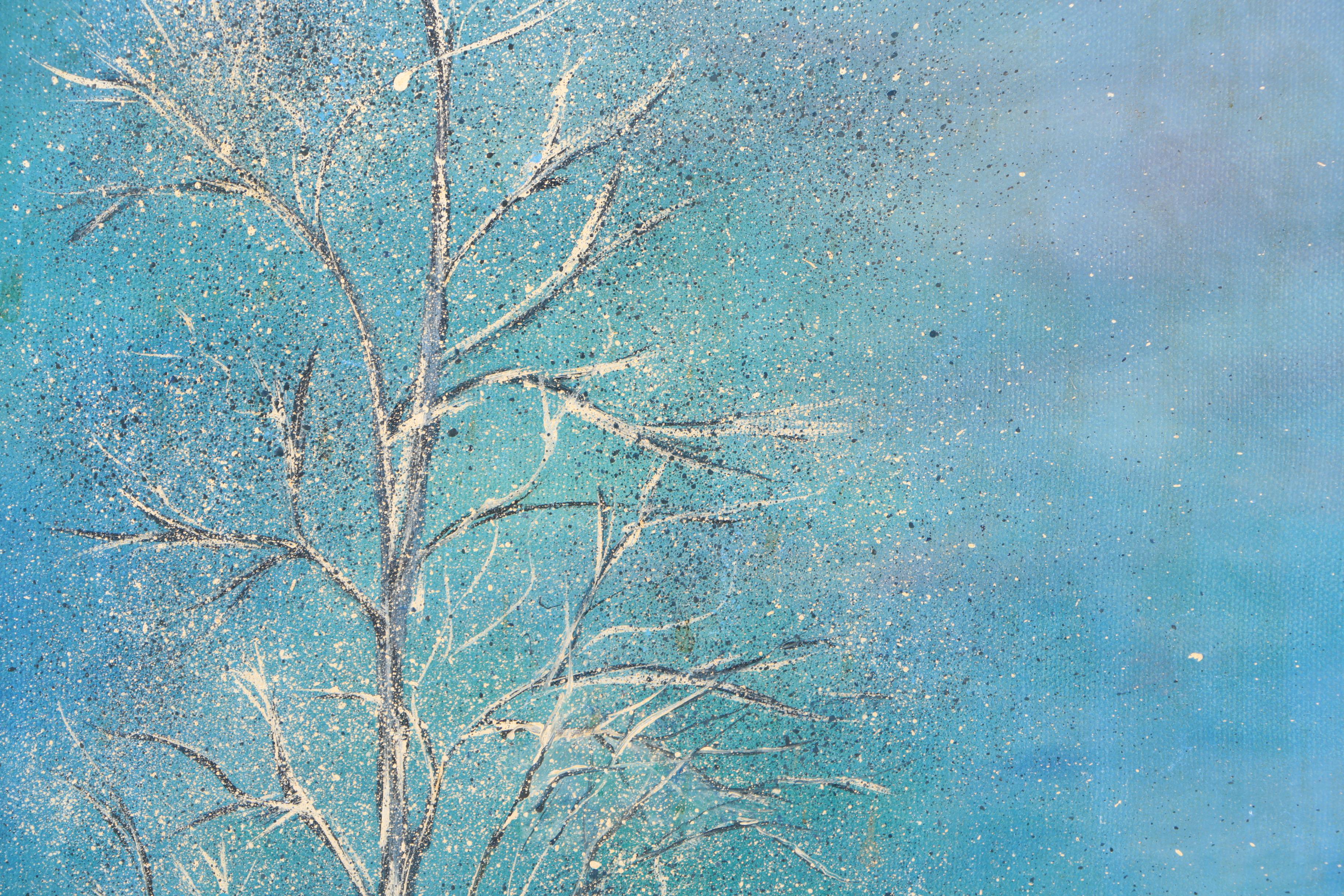 June 1981 Acrylic Painting on Canvas of Winter Landscape with Snow Covered Trees