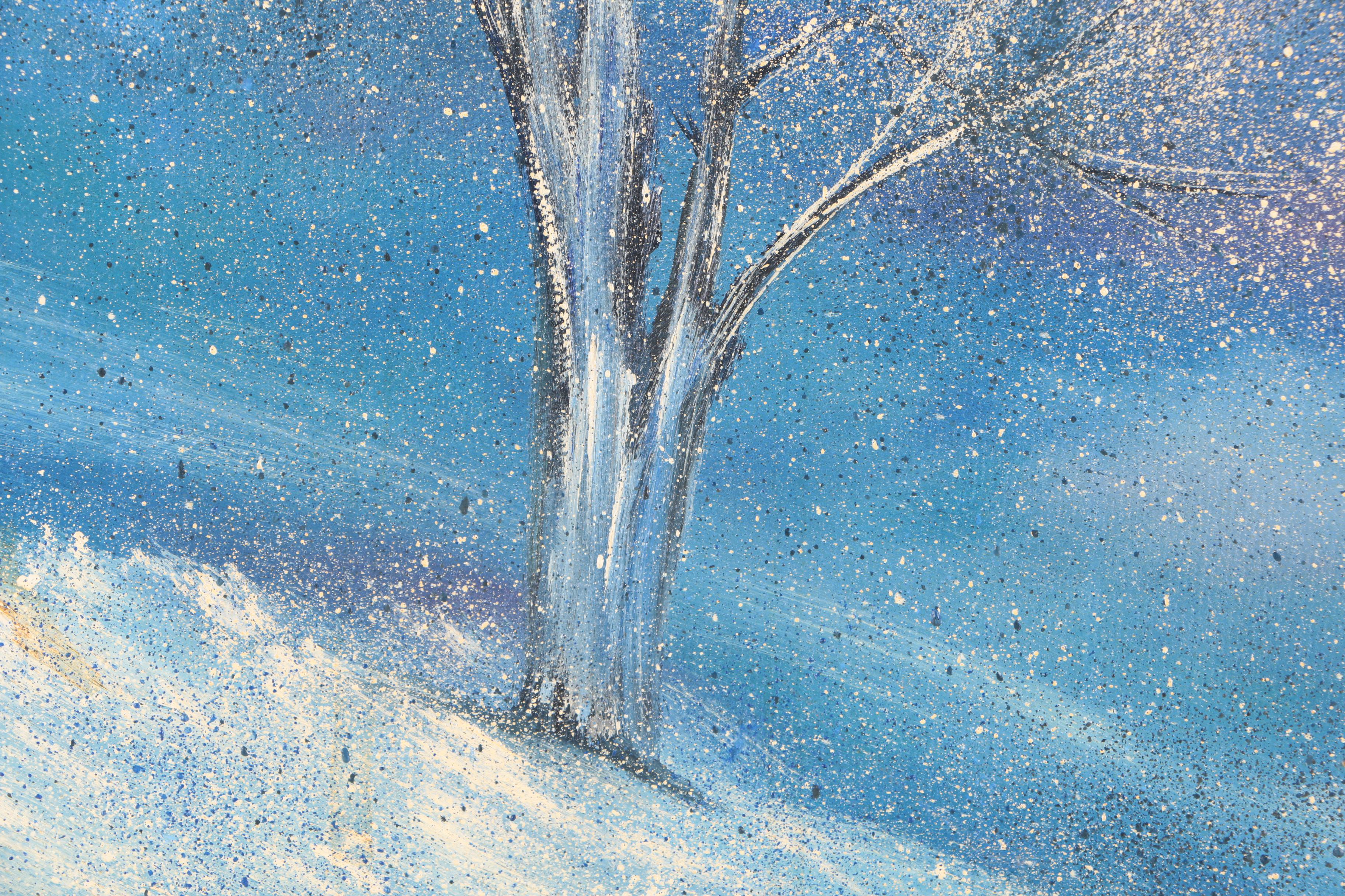 June 1981 Acrylic Painting on Canvas of Winter Landscape with Snow Covered Trees