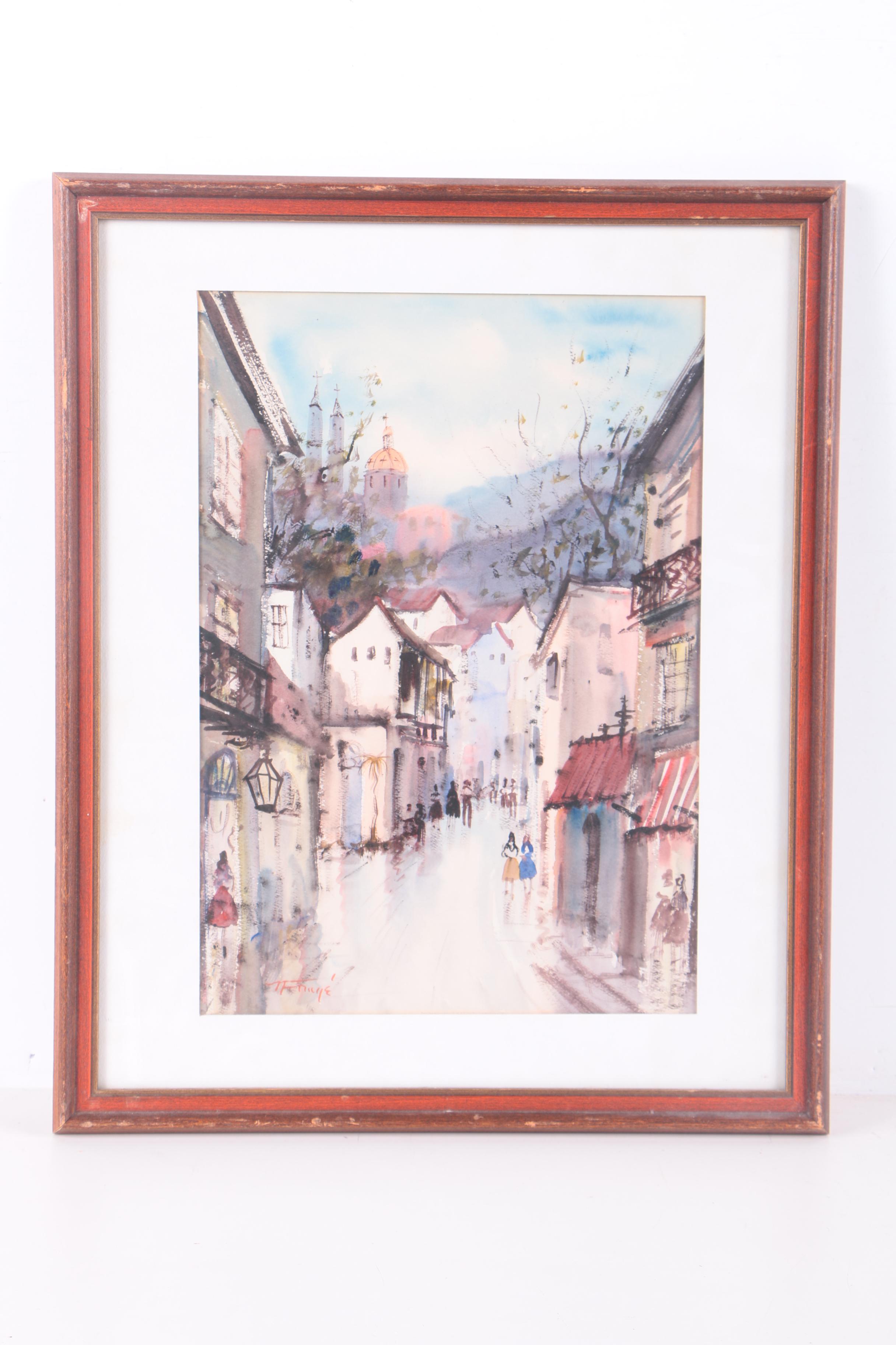 Two Nestor Frugé Watercolor Paintings on Paper of European Street Scenes