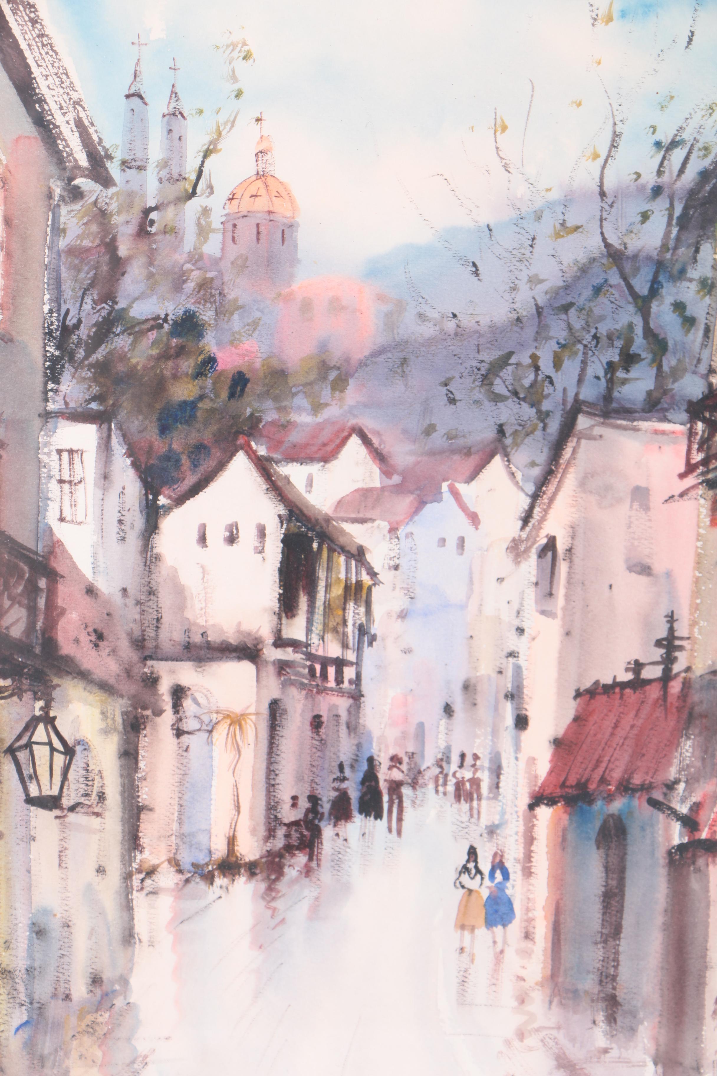 Two Nestor Frugé Watercolor Paintings on Paper of European Street Scenes