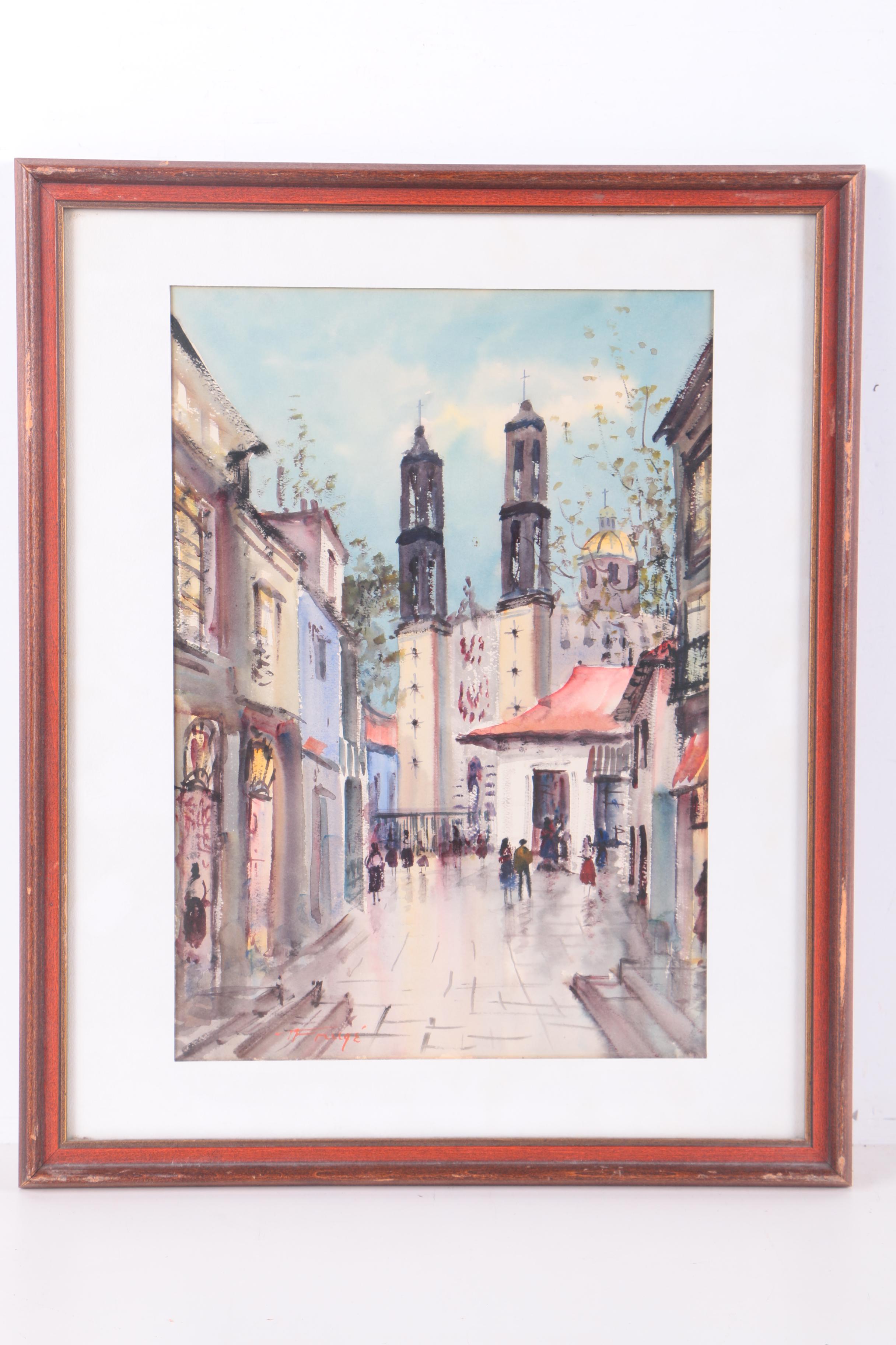 Two Nestor Frugé Watercolor Paintings on Paper of European Street Scenes