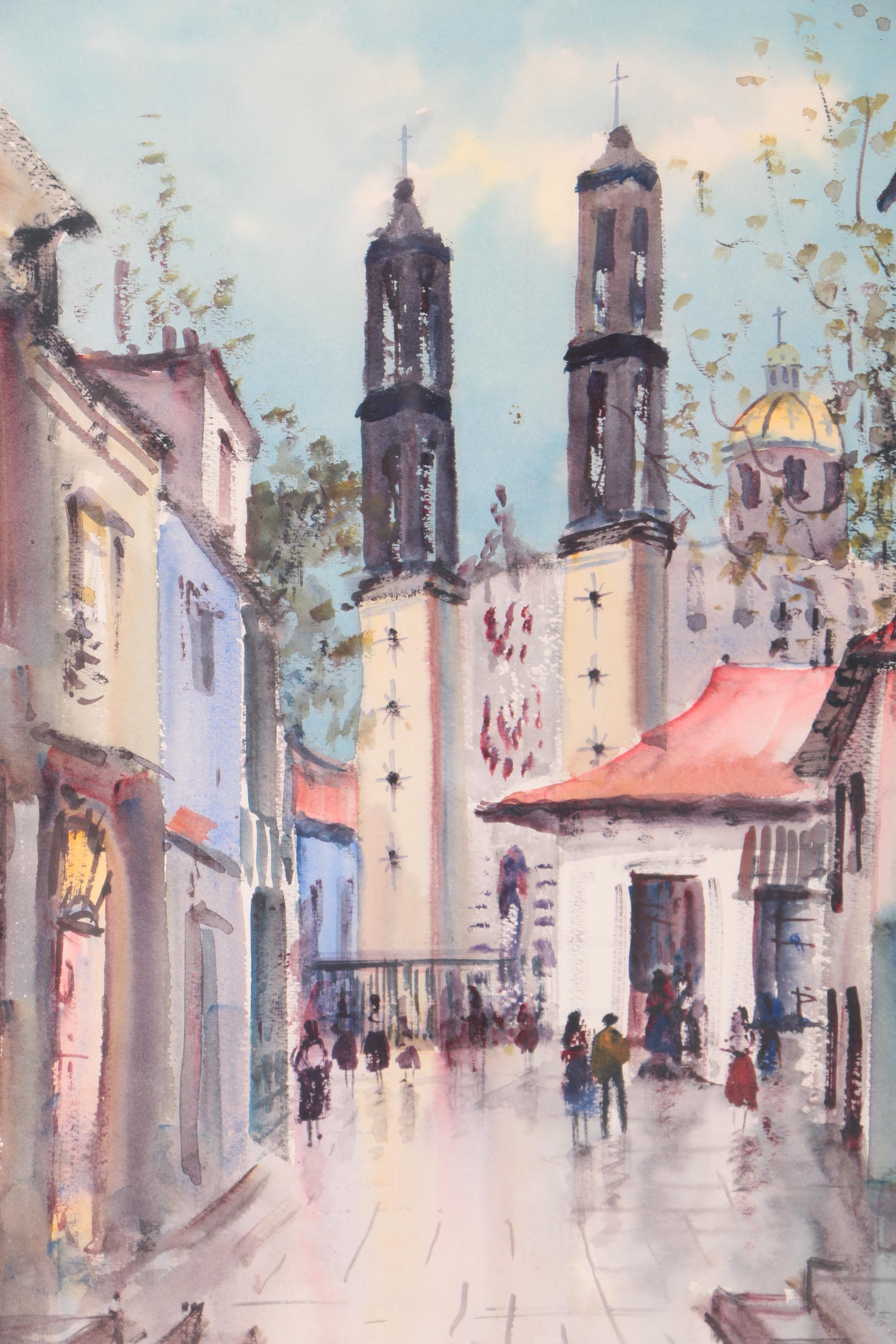 Two Nestor Frugé Watercolor Paintings on Paper of European Street Scenes