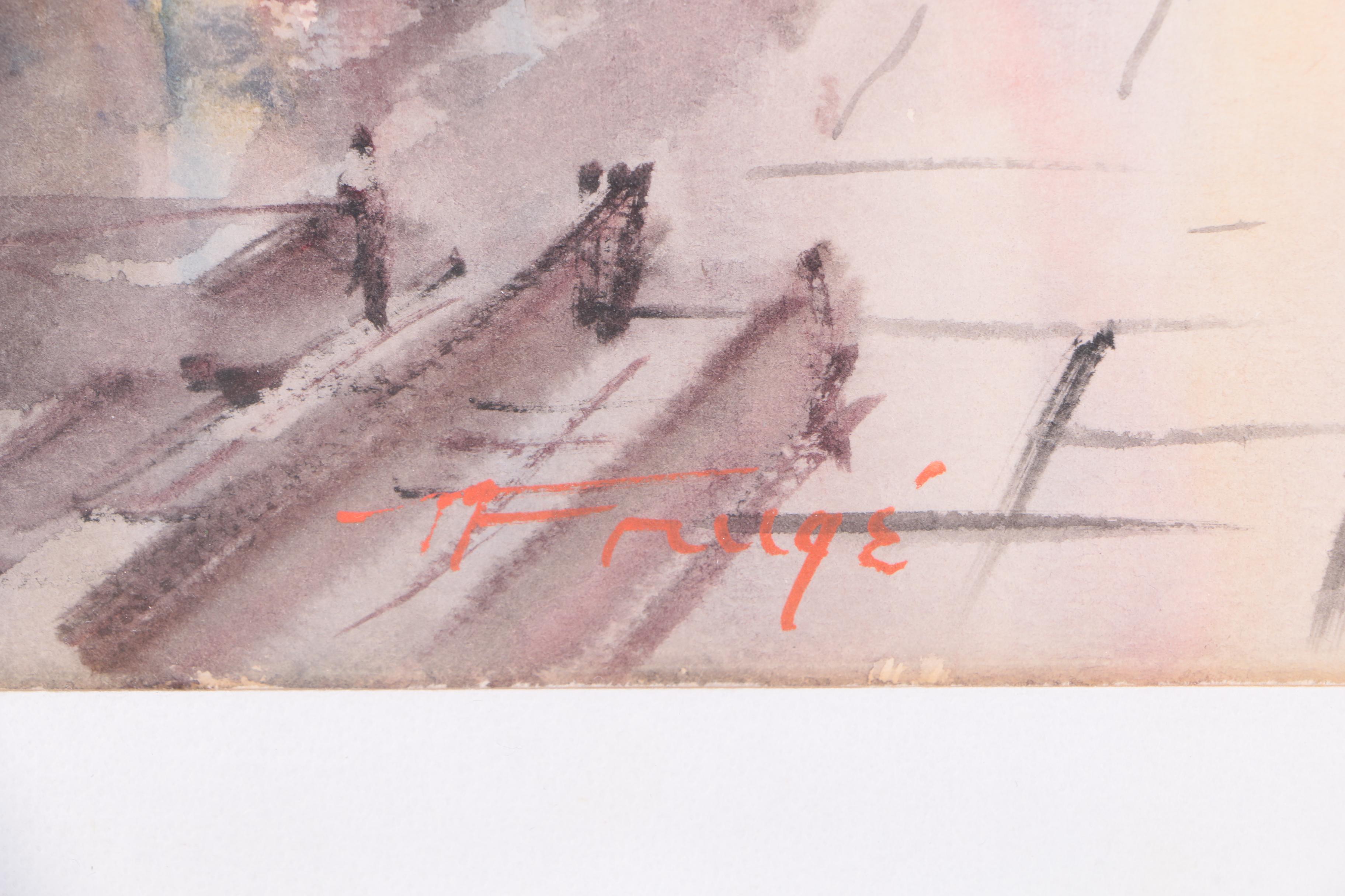 Two Nestor Frugé Watercolor Paintings on Paper of European Street Scenes