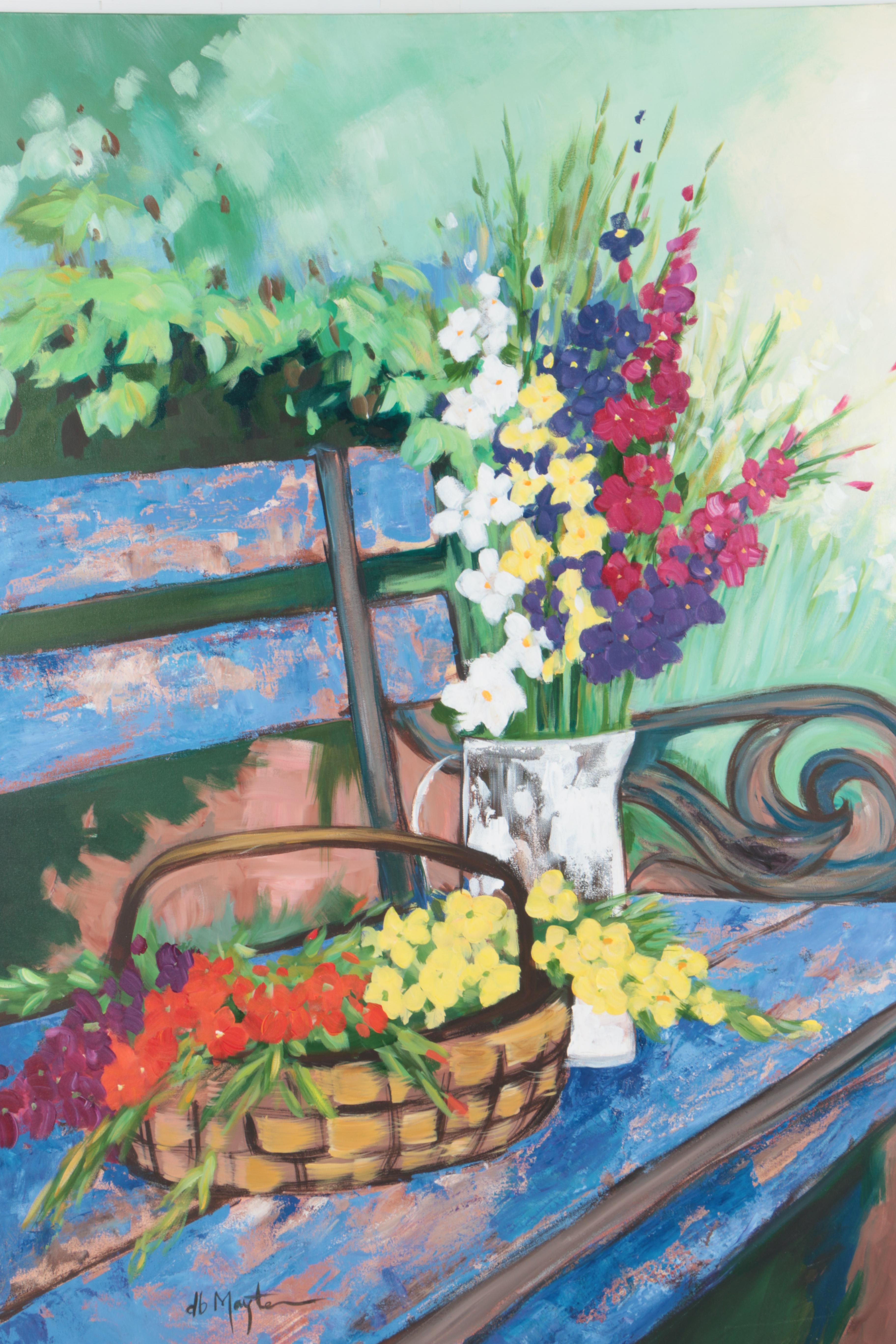 Acrylic Painting on Canvas of Flowers on a Bench