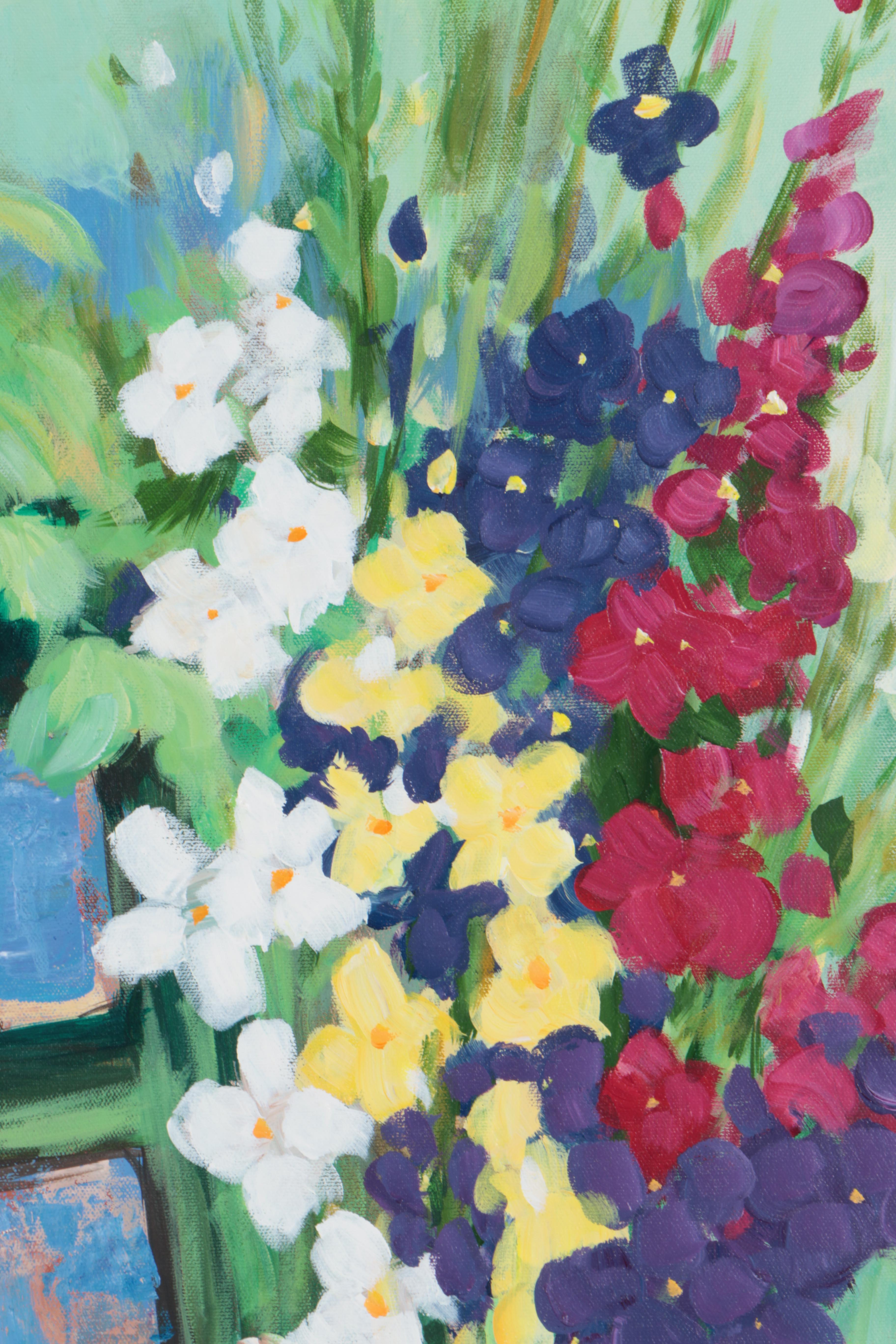 Acrylic Painting on Canvas of Flowers on a Bench