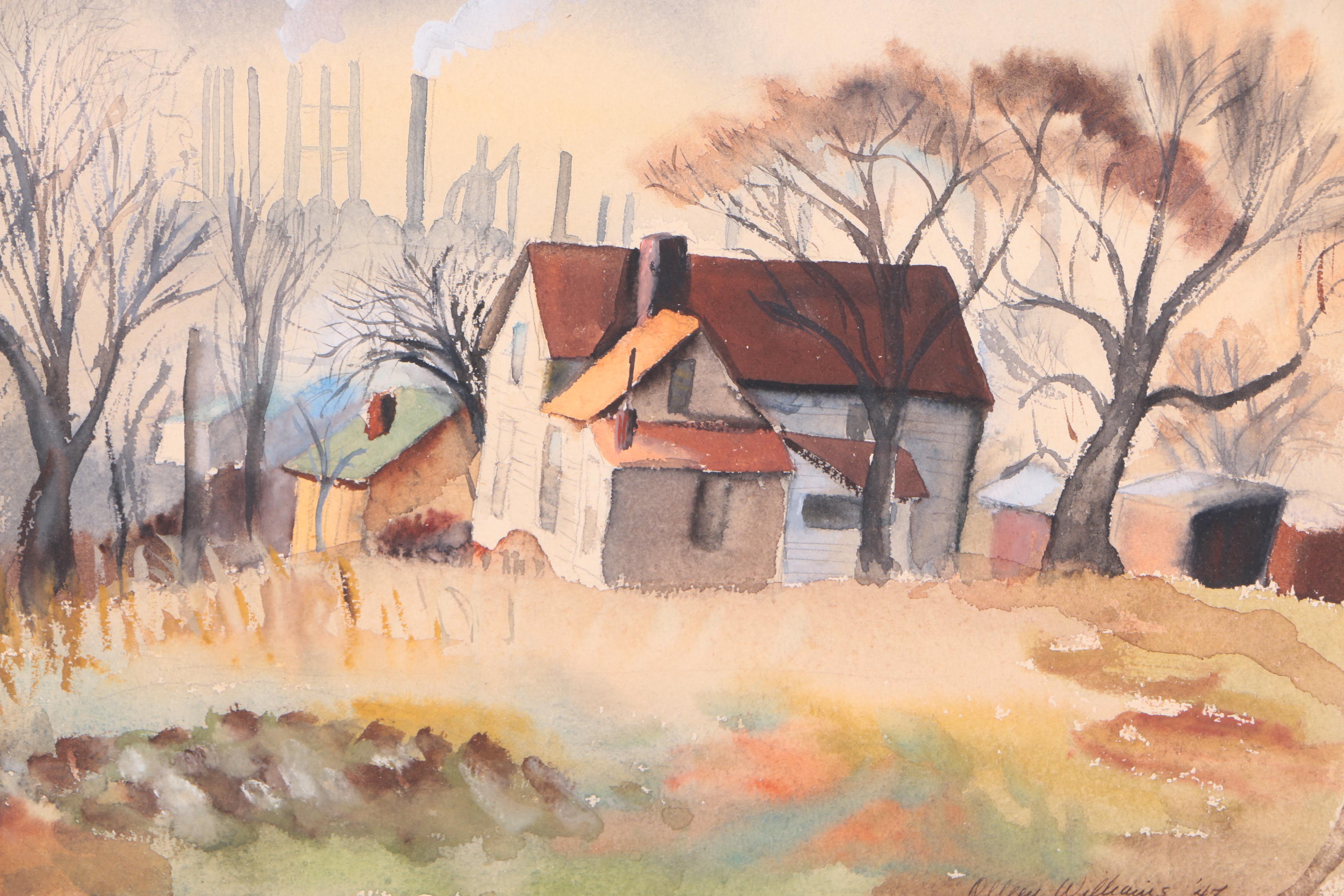 Olleen Williams 1947 Watercolor of Small Homes Set Against Industrial Backdrop