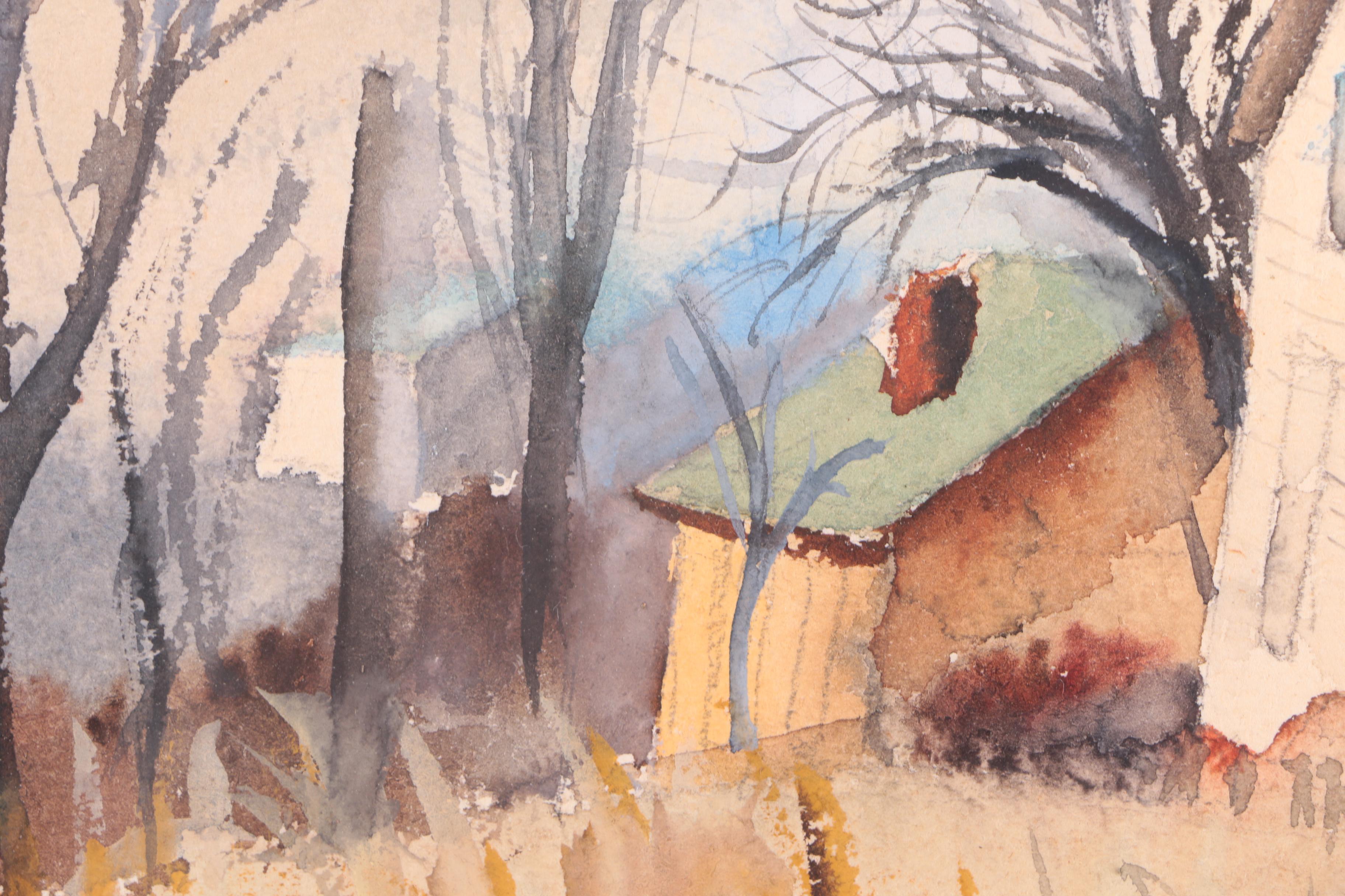 Olleen Williams 1947 Watercolor of Small Homes Set Against Industrial Backdrop