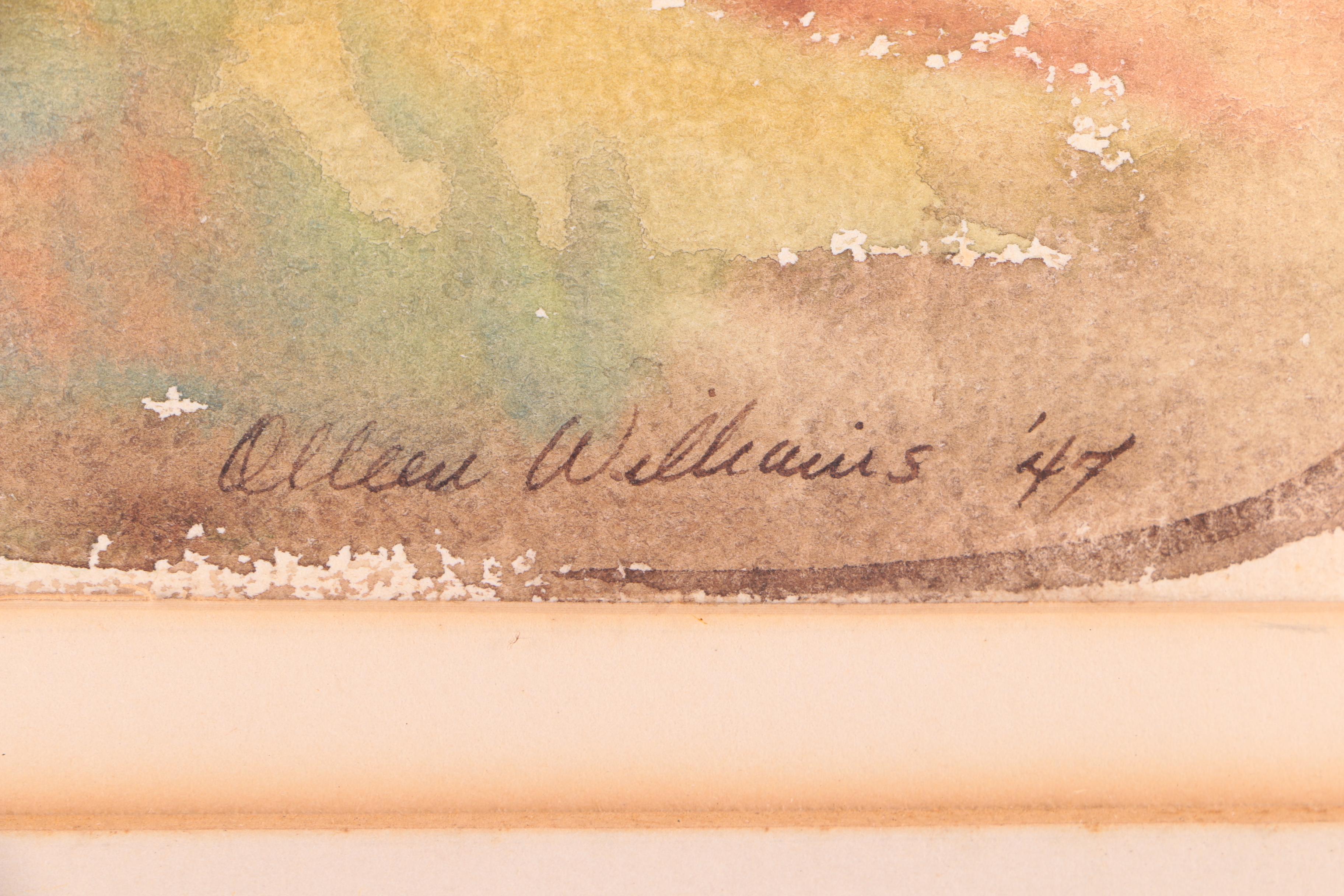 Olleen Williams 1947 Watercolor of Small Homes Set Against Industrial Backdrop