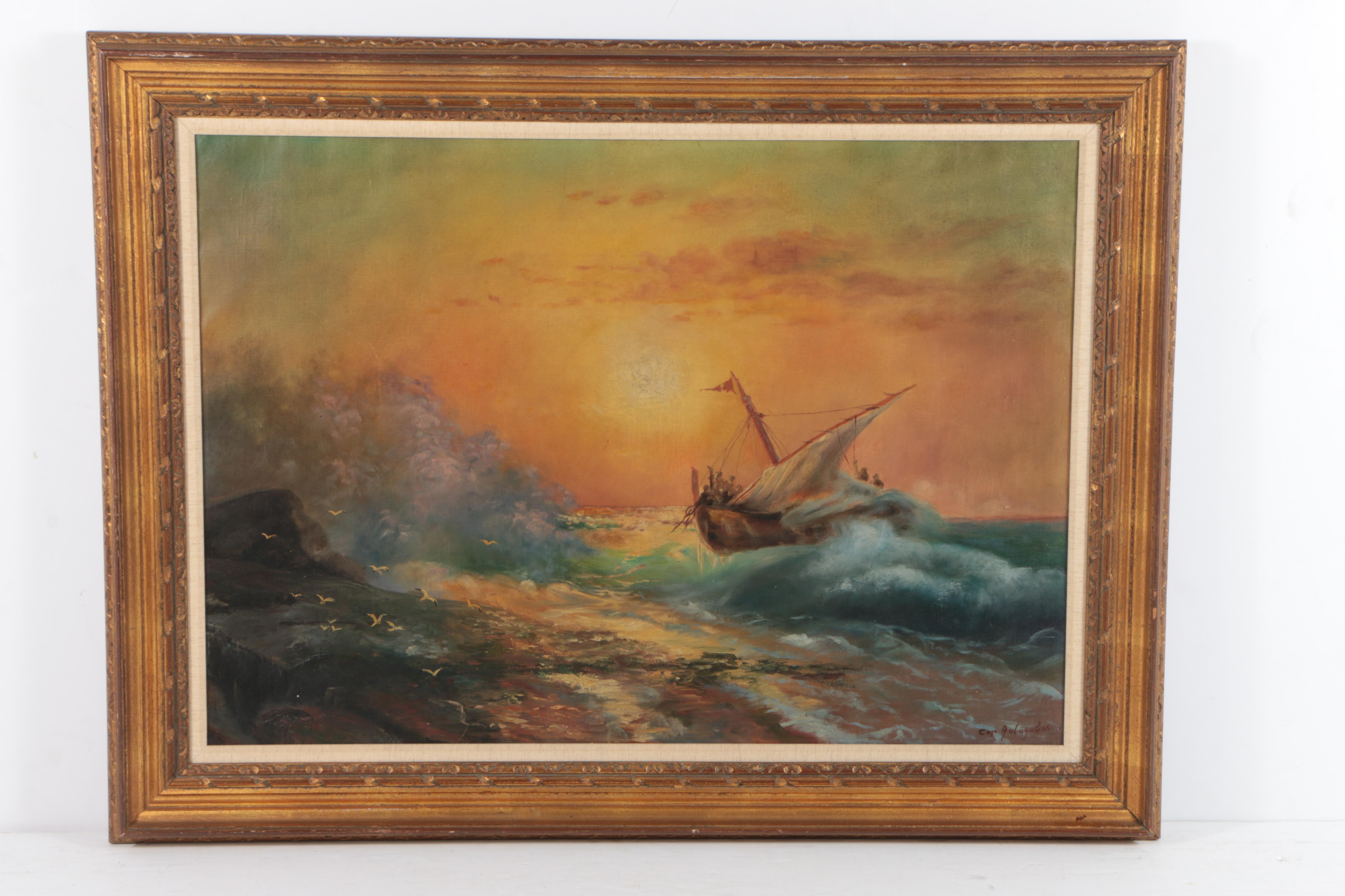 Vintage Romantic Style Oil Painting on Canvas of a Ship Landing Ashore
