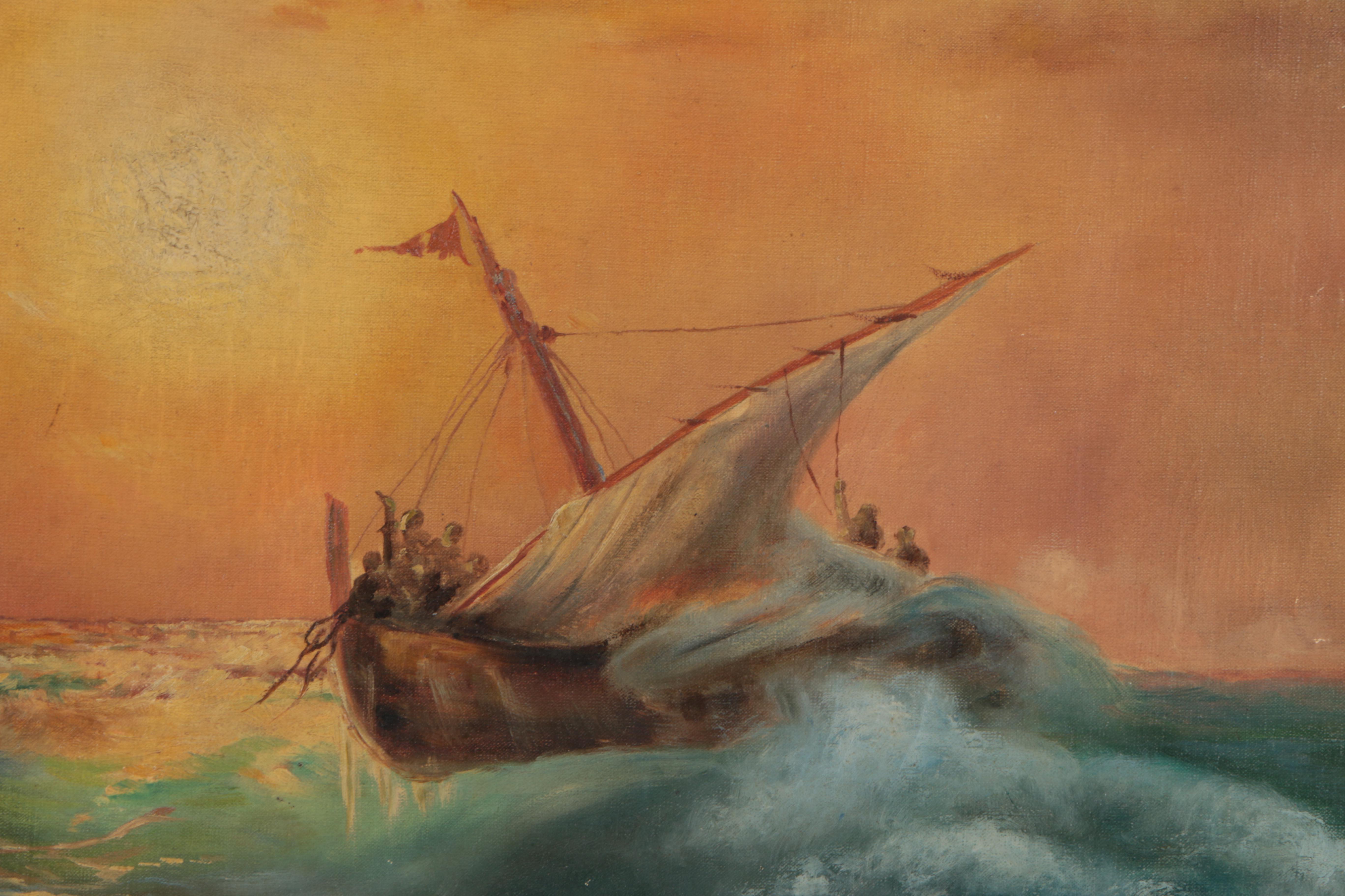 Vintage Romantic Style Oil Painting on Canvas of a Ship Landing Ashore