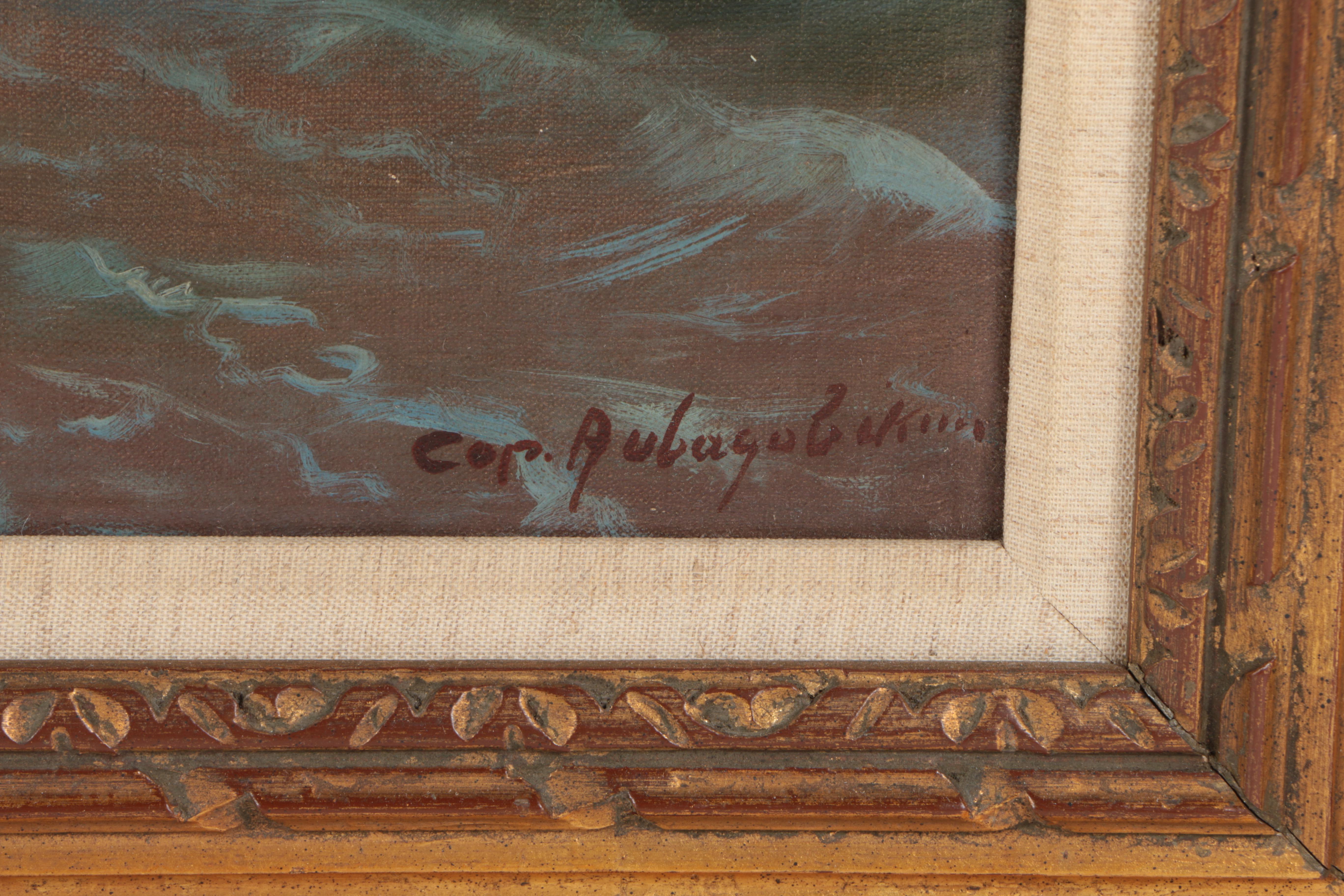 Vintage Romantic Style Oil Painting on Canvas of a Ship Landing Ashore