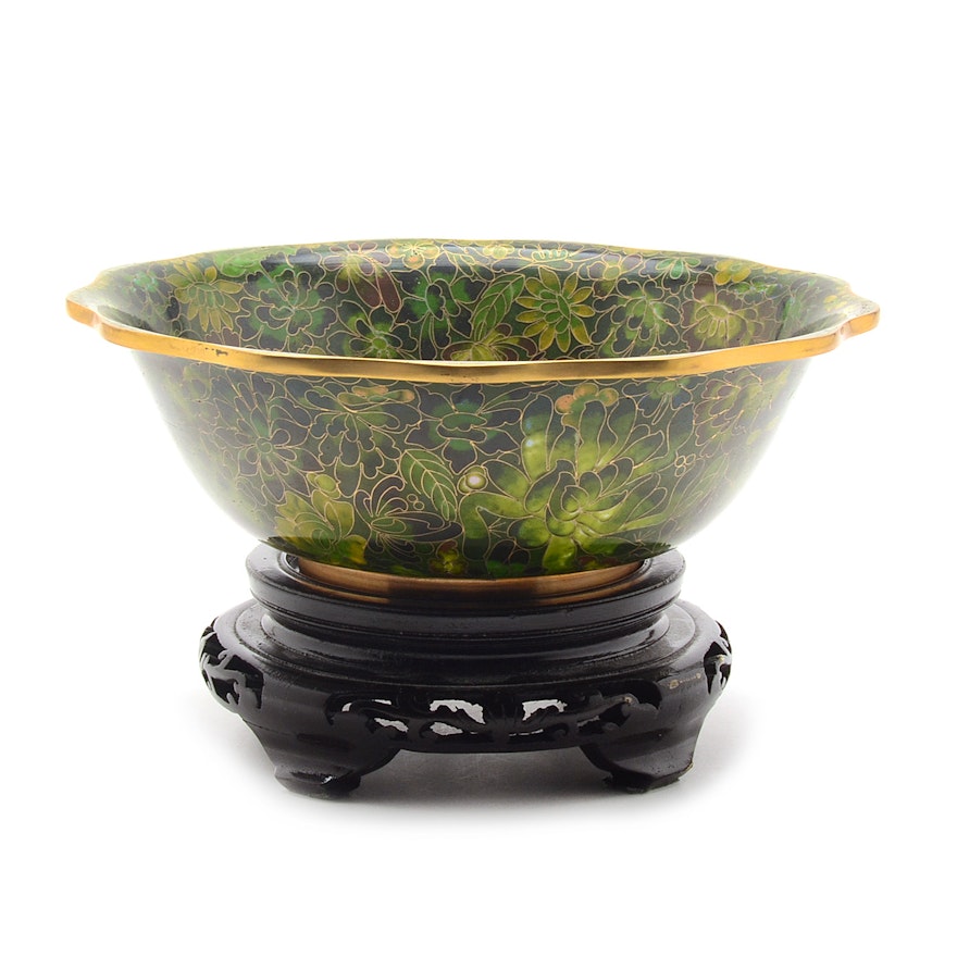 Chinese Cloisonné Bowl with Wood Stand