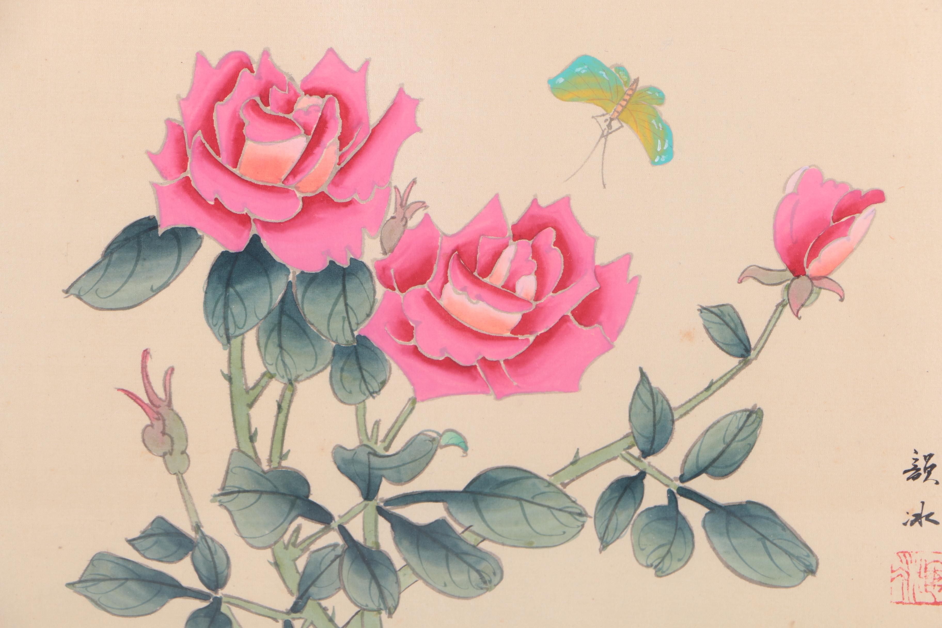 East Asian Style Watercolor and Gouache Painting on Silk of Flowers