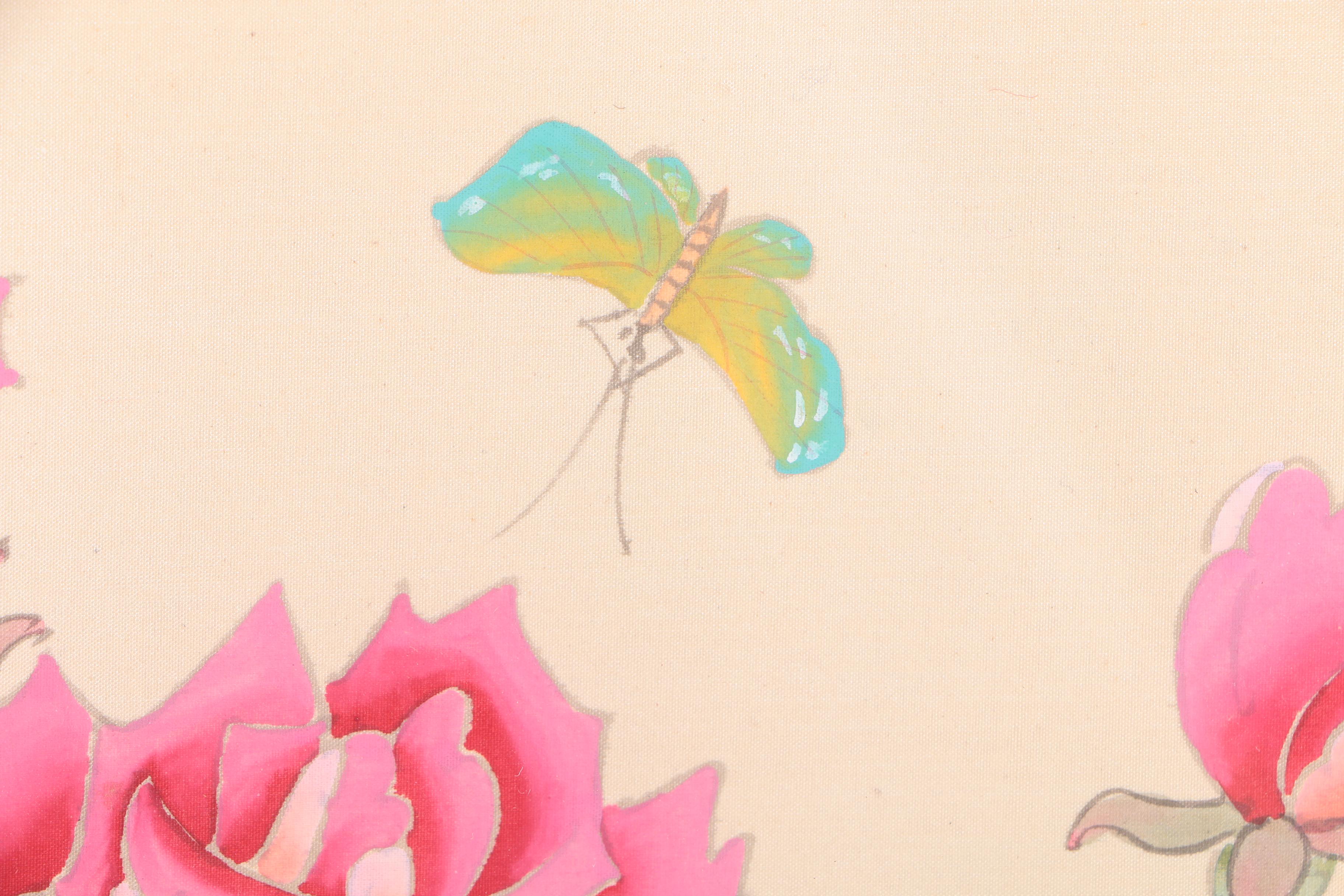 East Asian Style Watercolor and Gouache Painting on Silk of Flowers