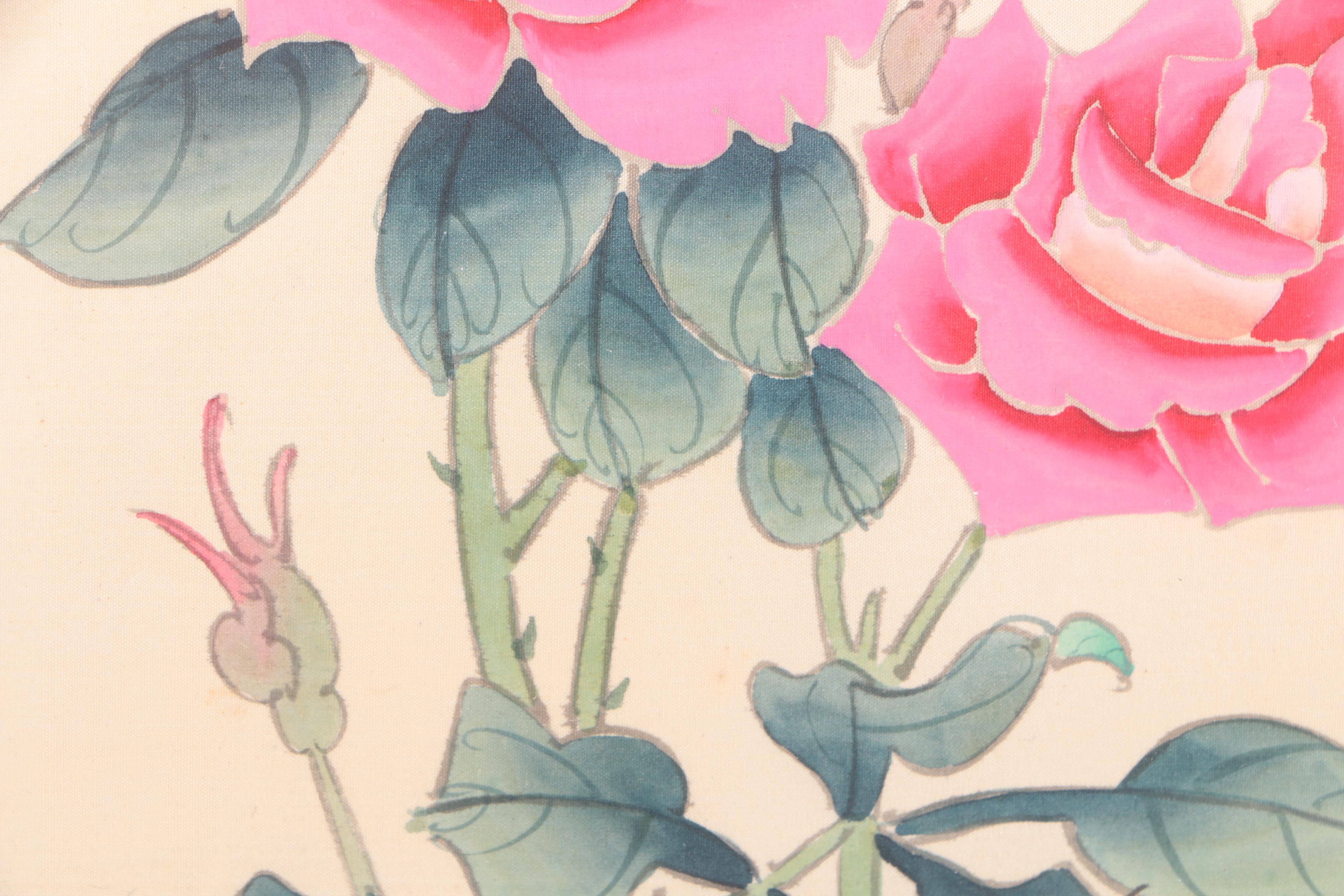 East Asian Style Watercolor and Gouache Painting on Silk of Flowers