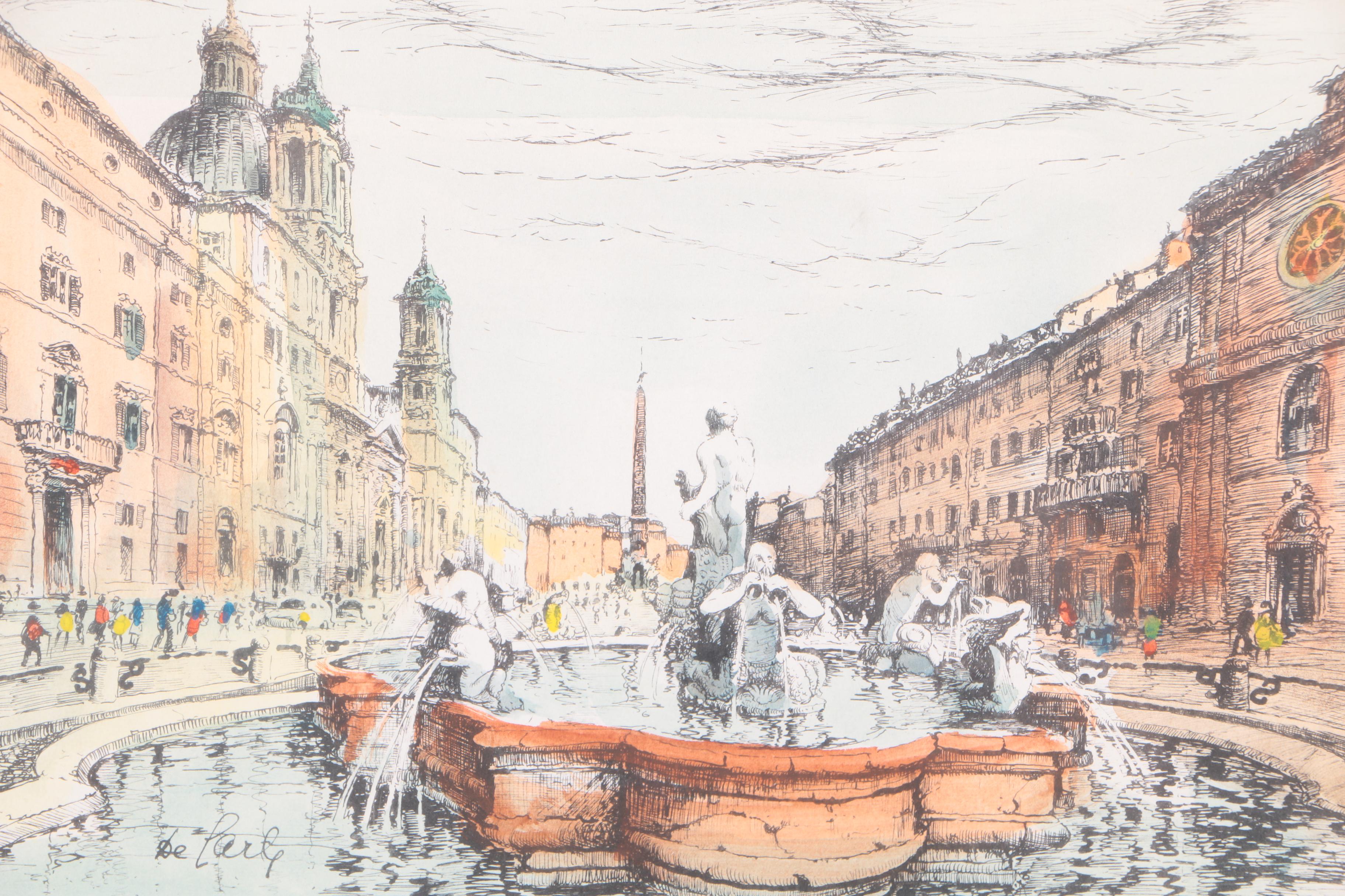Hand-Colored Etching on Paper "Roma - Piazza Navona"