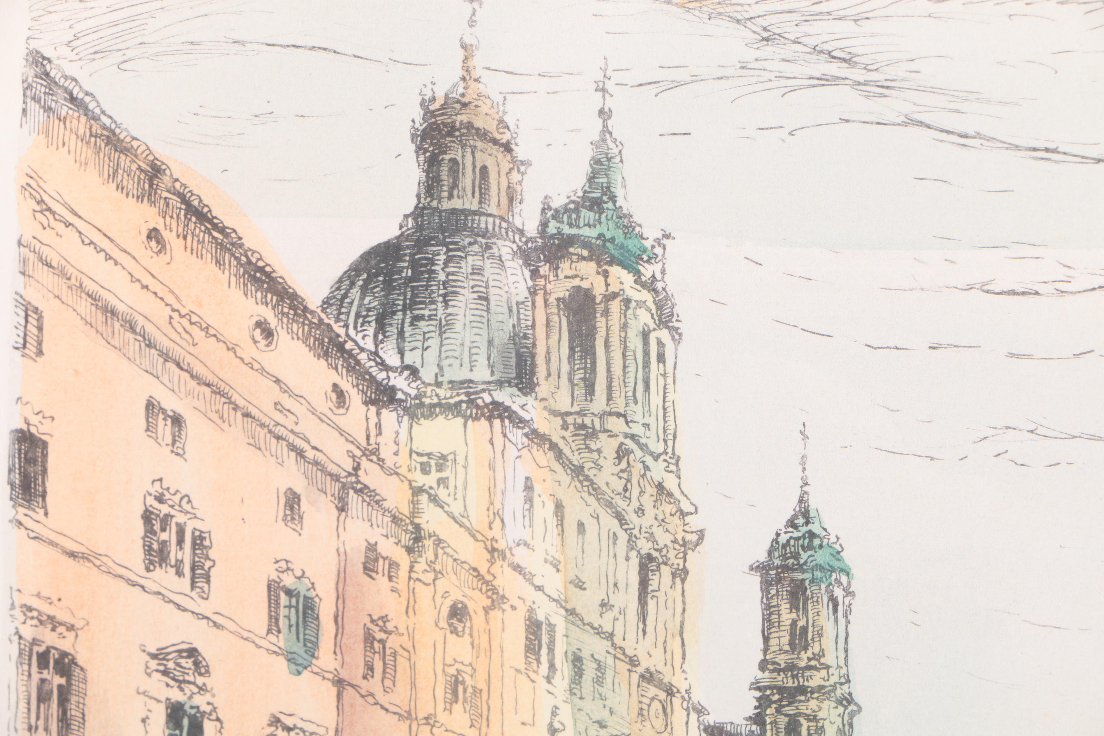 Hand-Colored Etching on Paper "Roma - Piazza Navona"