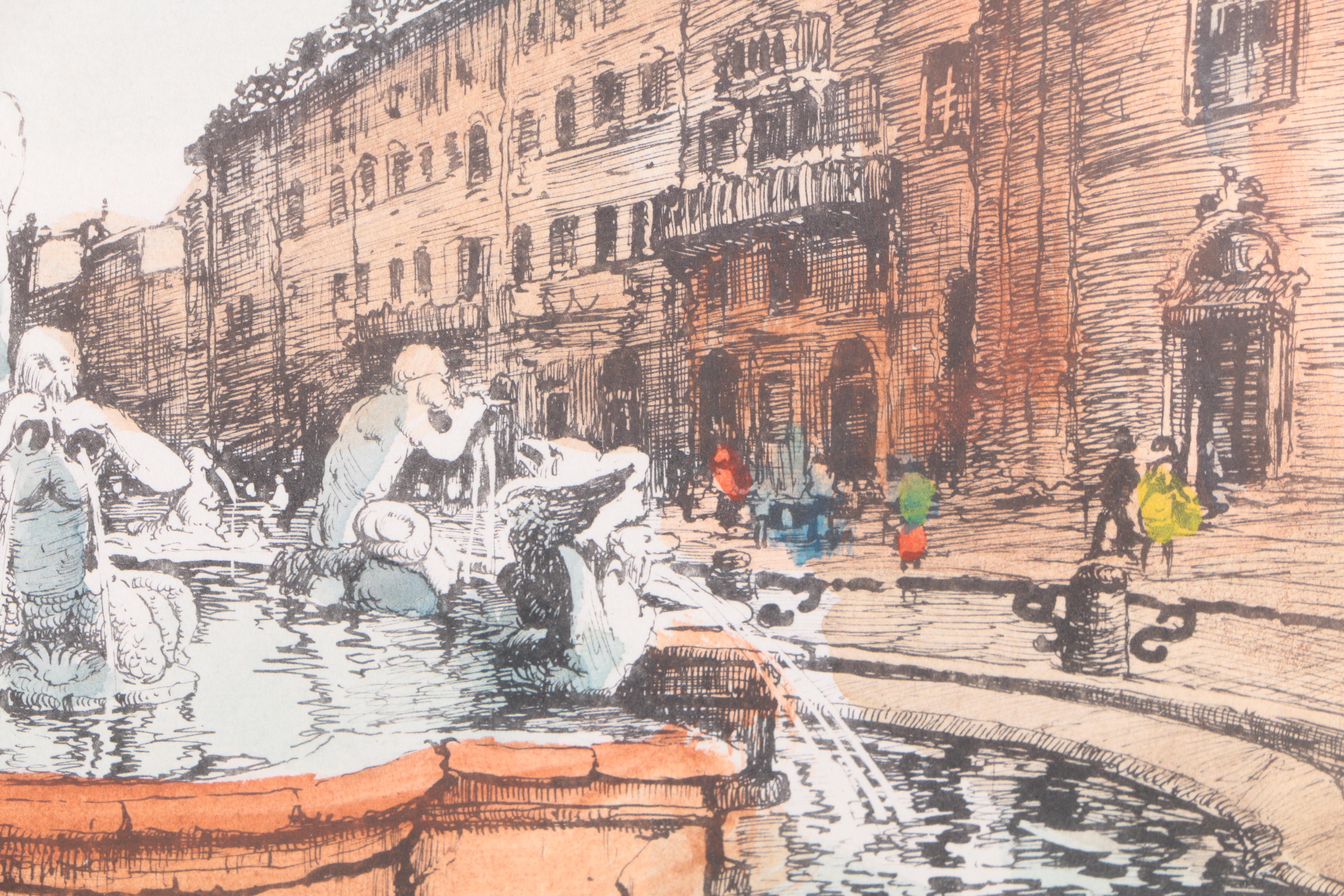 Hand-Colored Etching on Paper "Roma - Piazza Navona"