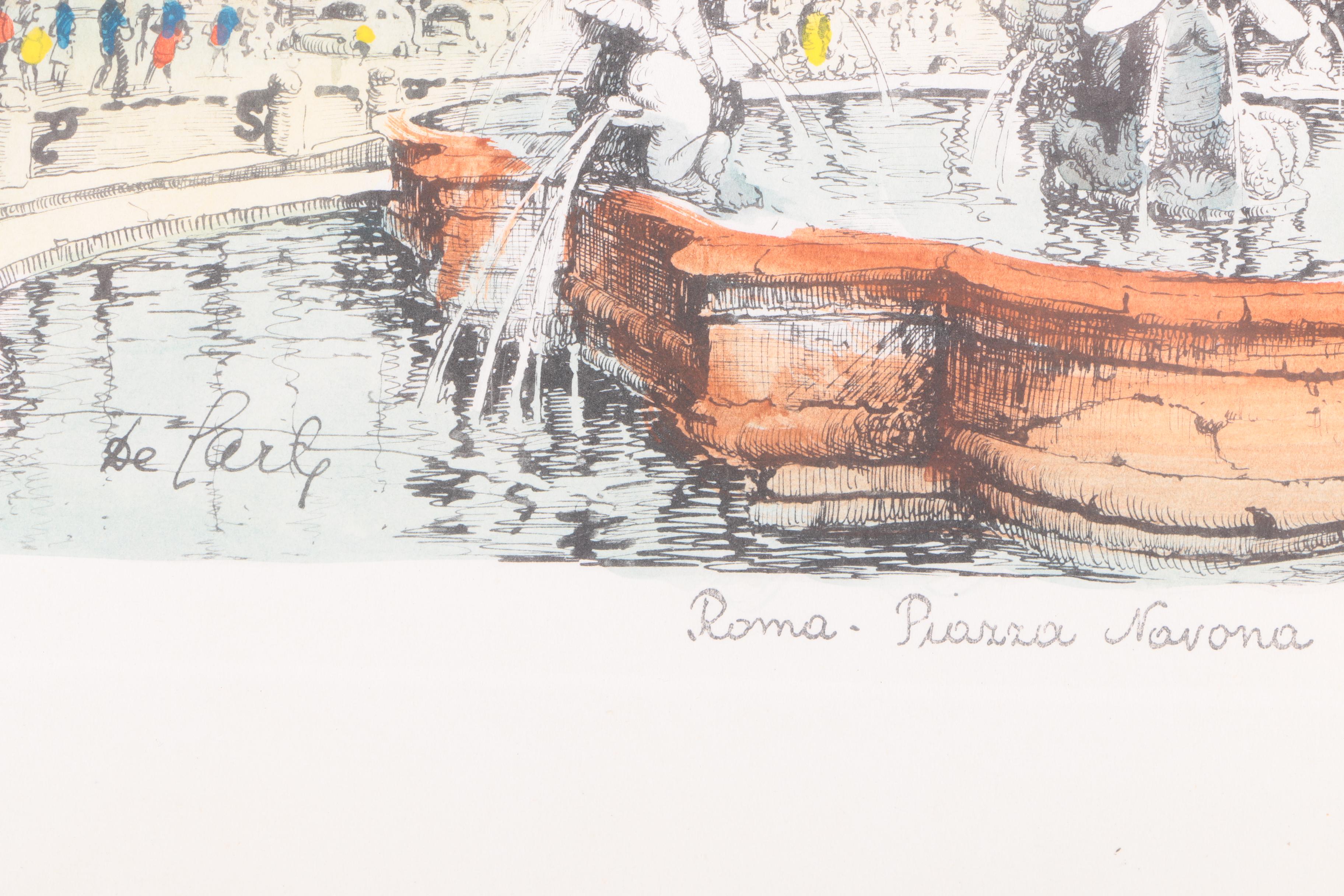 Hand-Colored Etching on Paper "Roma - Piazza Navona"
