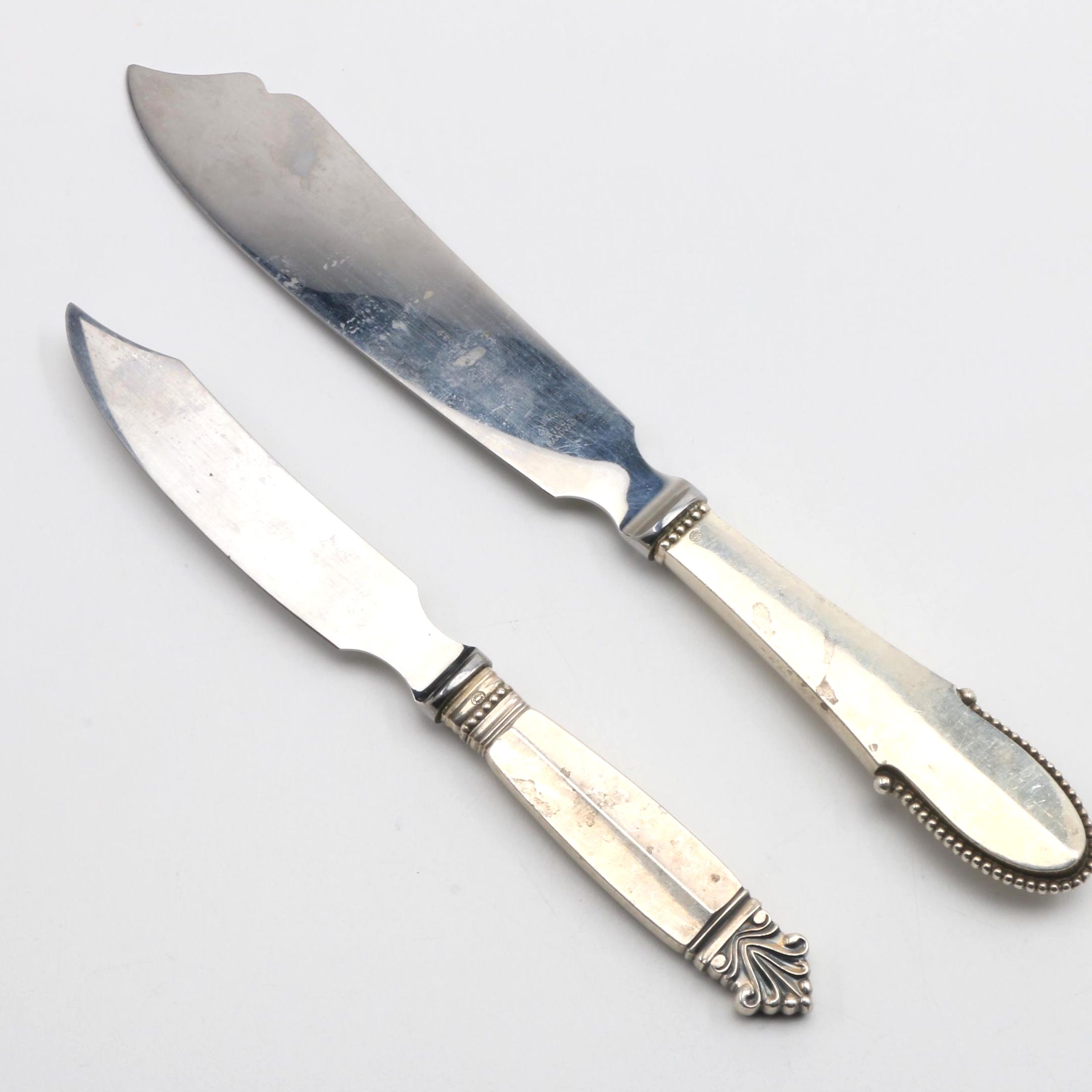 Georg Jensen Sterling Serving Knives in the "Beaded" and "Acanthus" Patterns