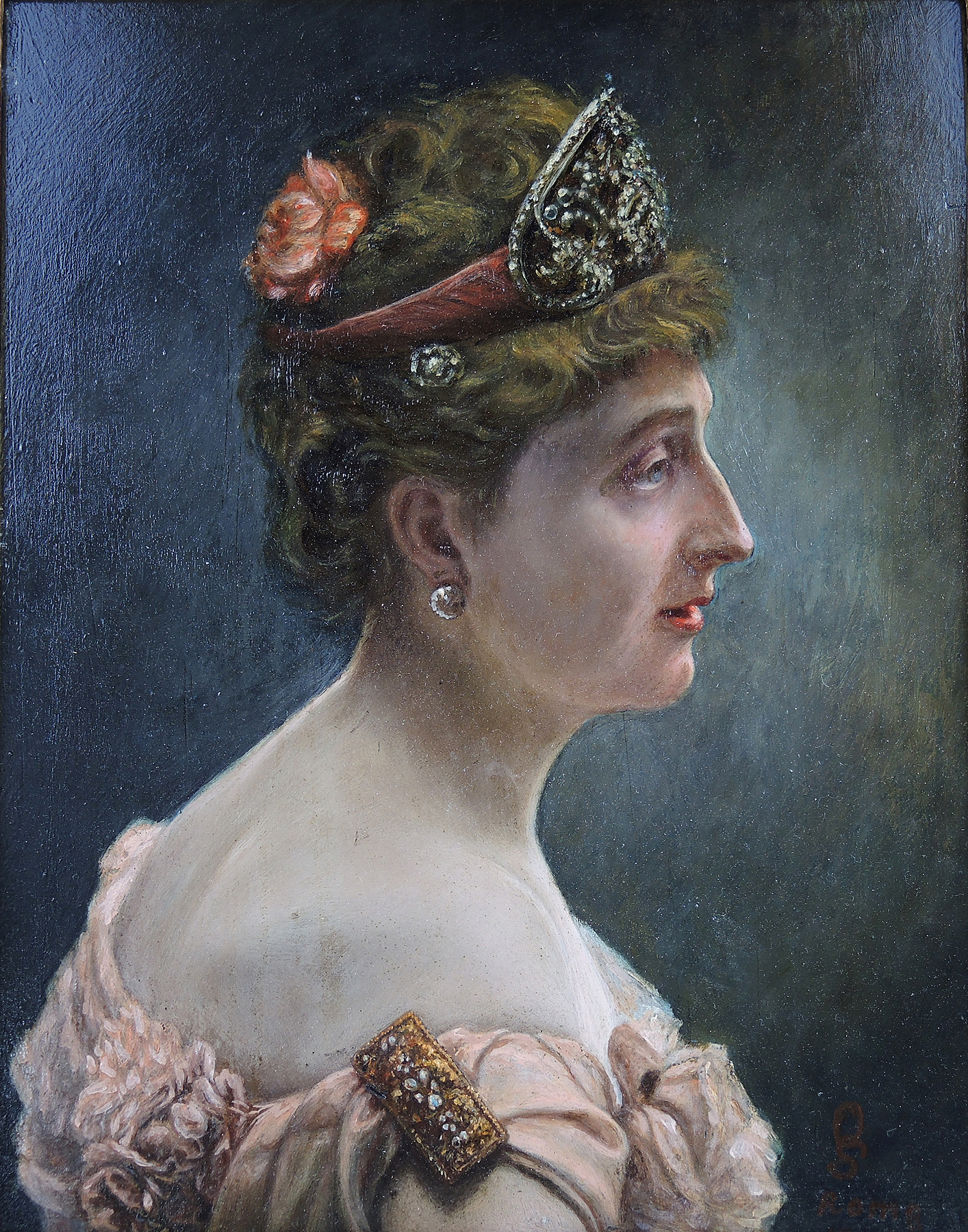 Antique Original 1886 Oil Painting on Wood Panel Portrait of a Woman in Tiara