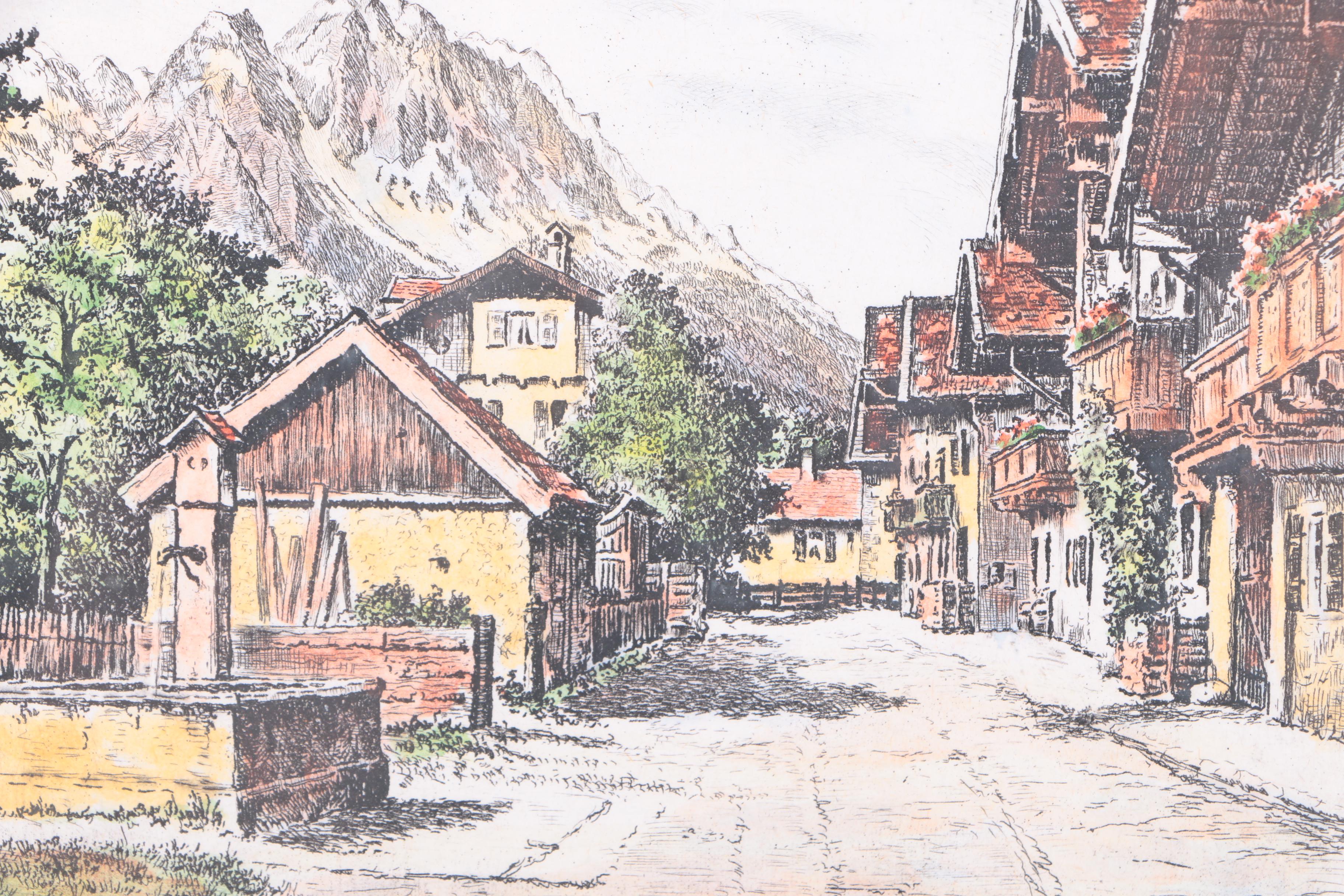 Hand Colored Etchings on Paper of Mountain Towns