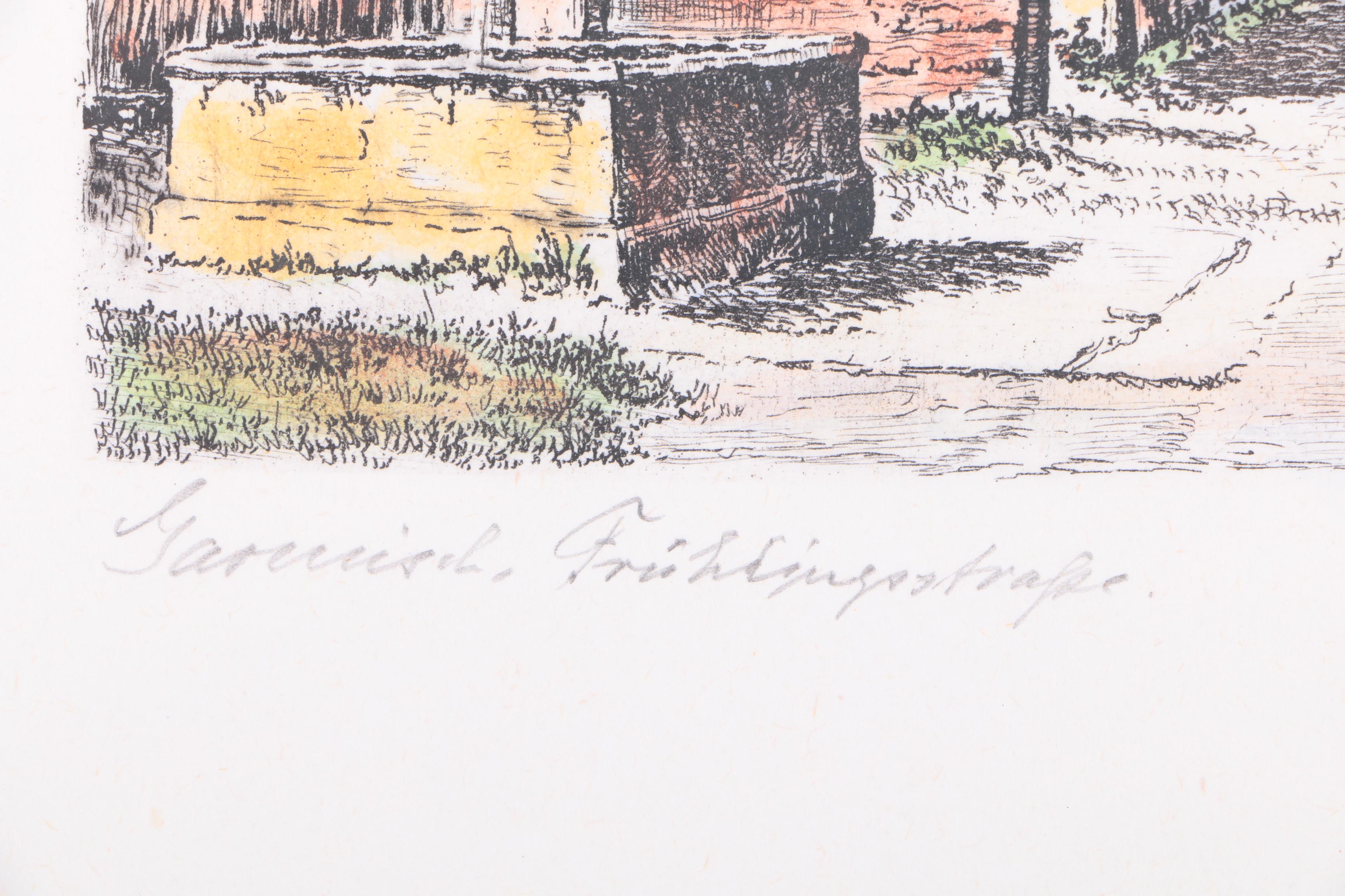 Hand Colored Etchings on Paper of Mountain Towns