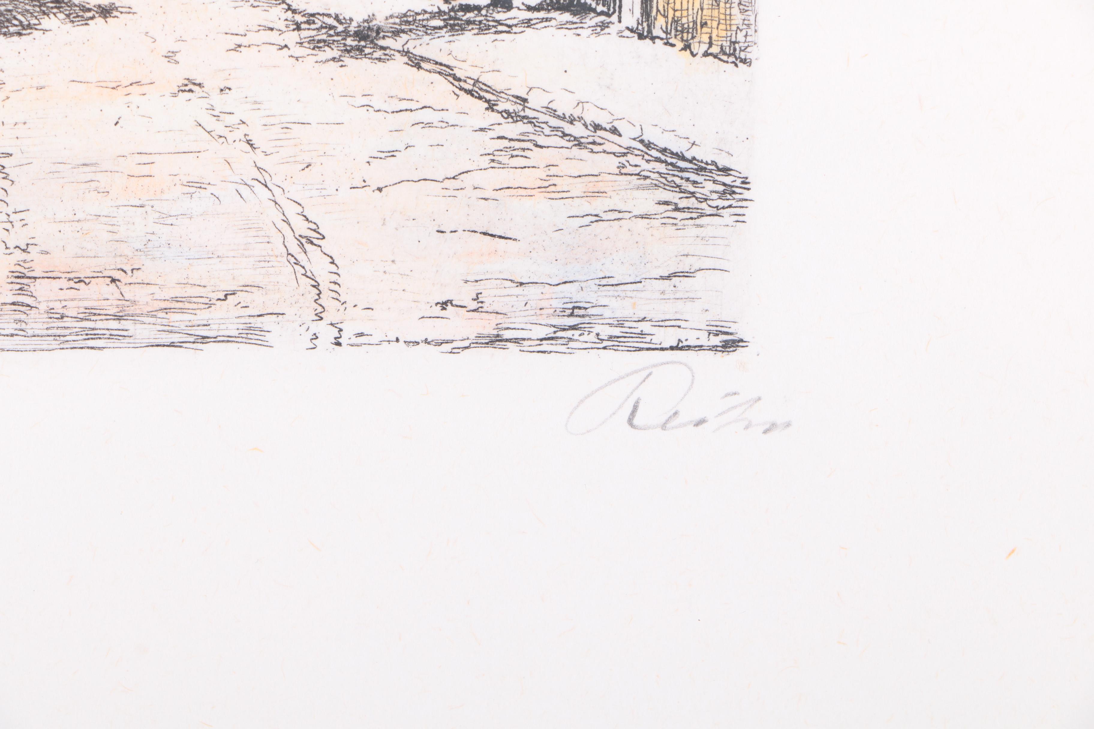 Hand Colored Etchings on Paper of Mountain Towns