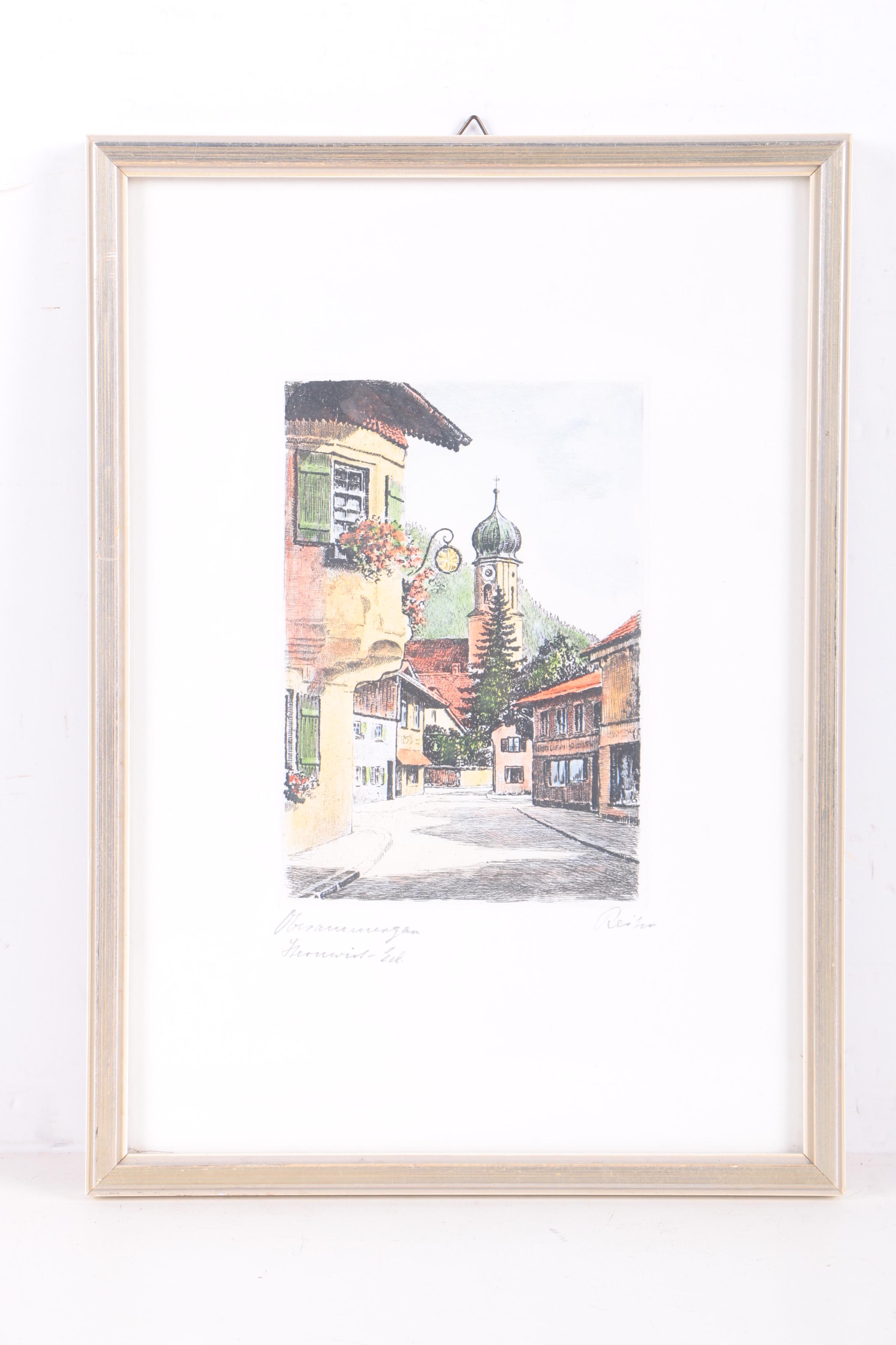Hand Colored Etchings on Paper of Mountain Towns