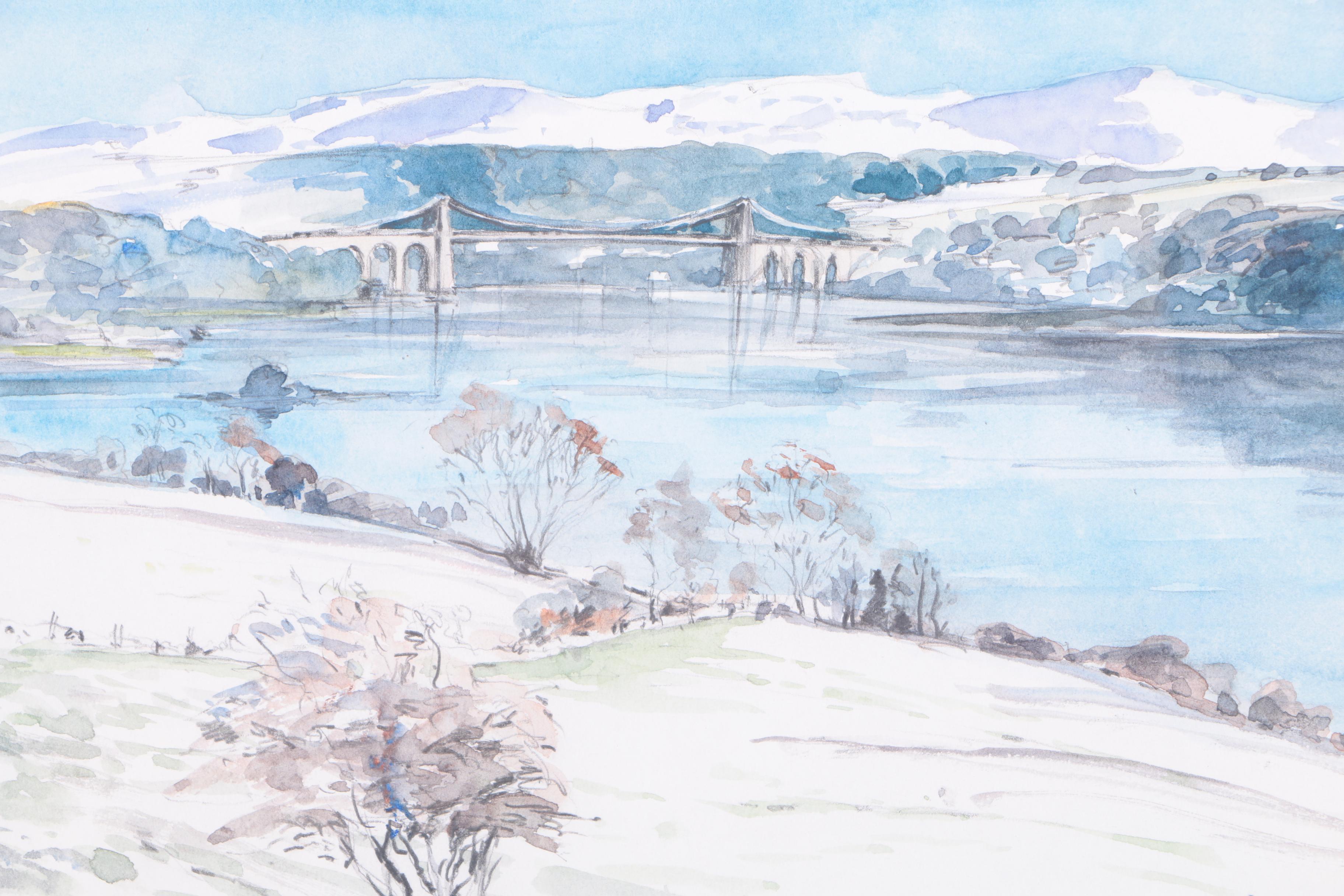 Pete Slater Watercolor Painting on Paper of Landscape with Suspension Bridge