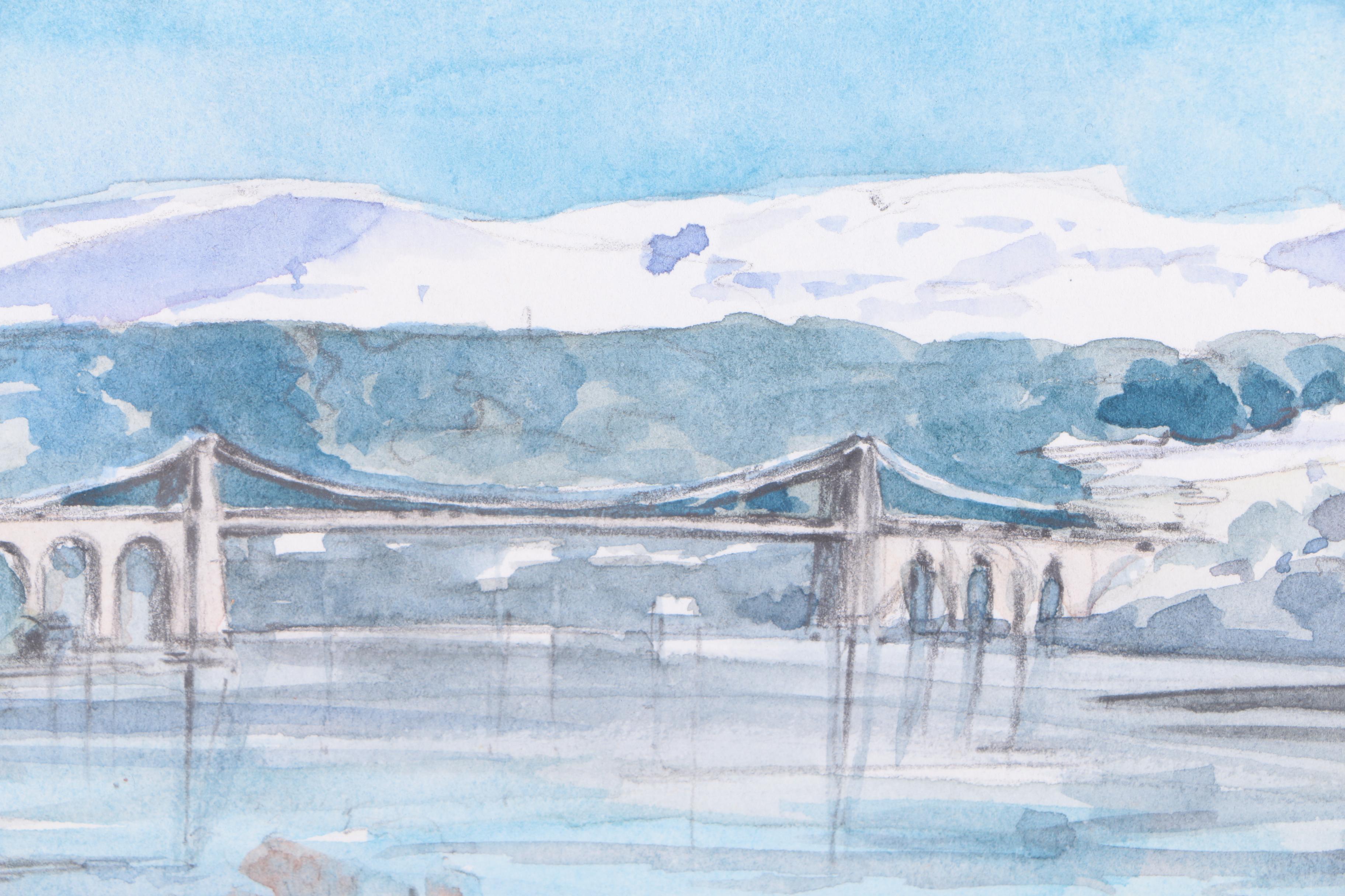 Pete Slater Watercolor Painting on Paper of Landscape with Suspension Bridge