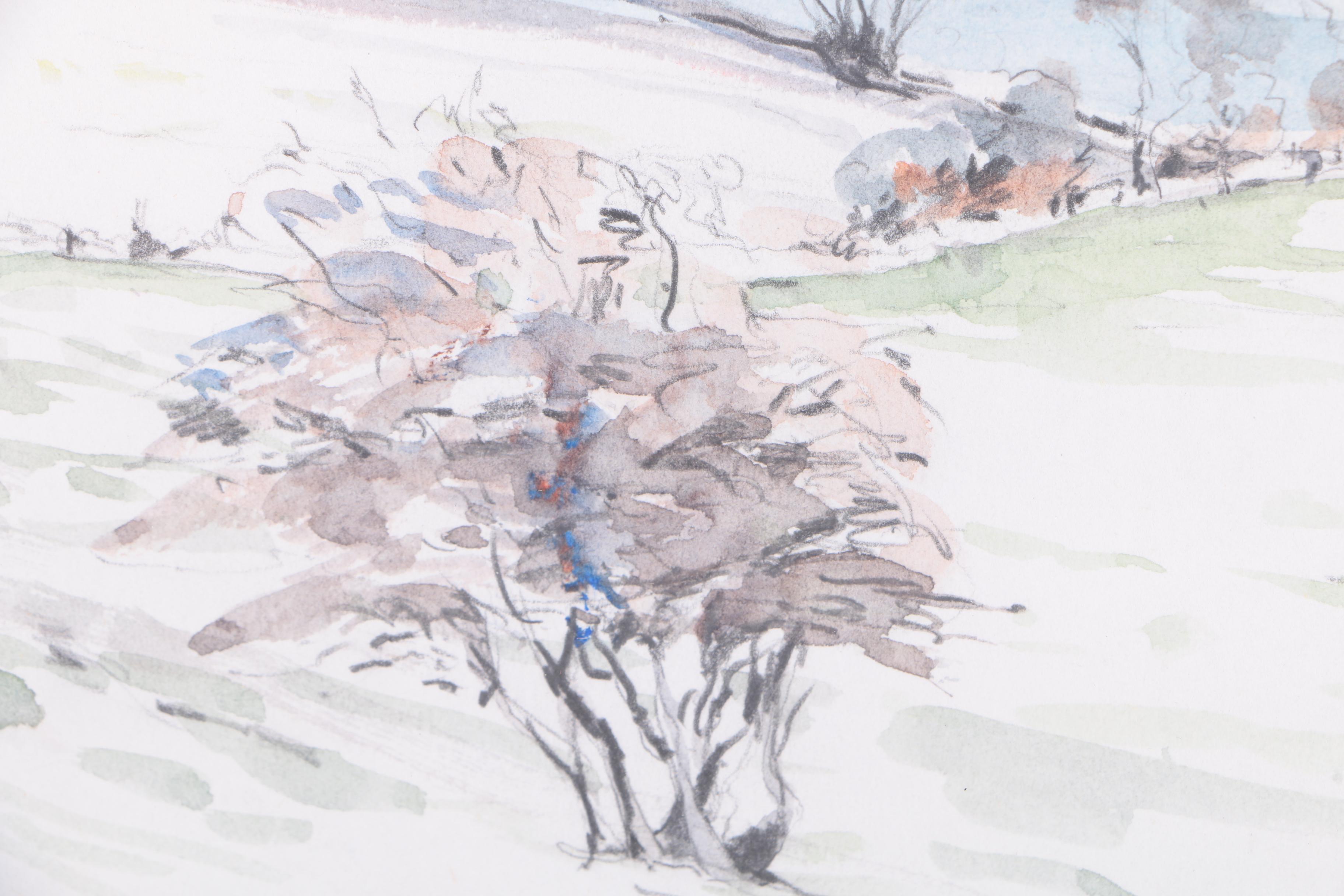 Pete Slater Watercolor Painting on Paper of Landscape with Suspension Bridge