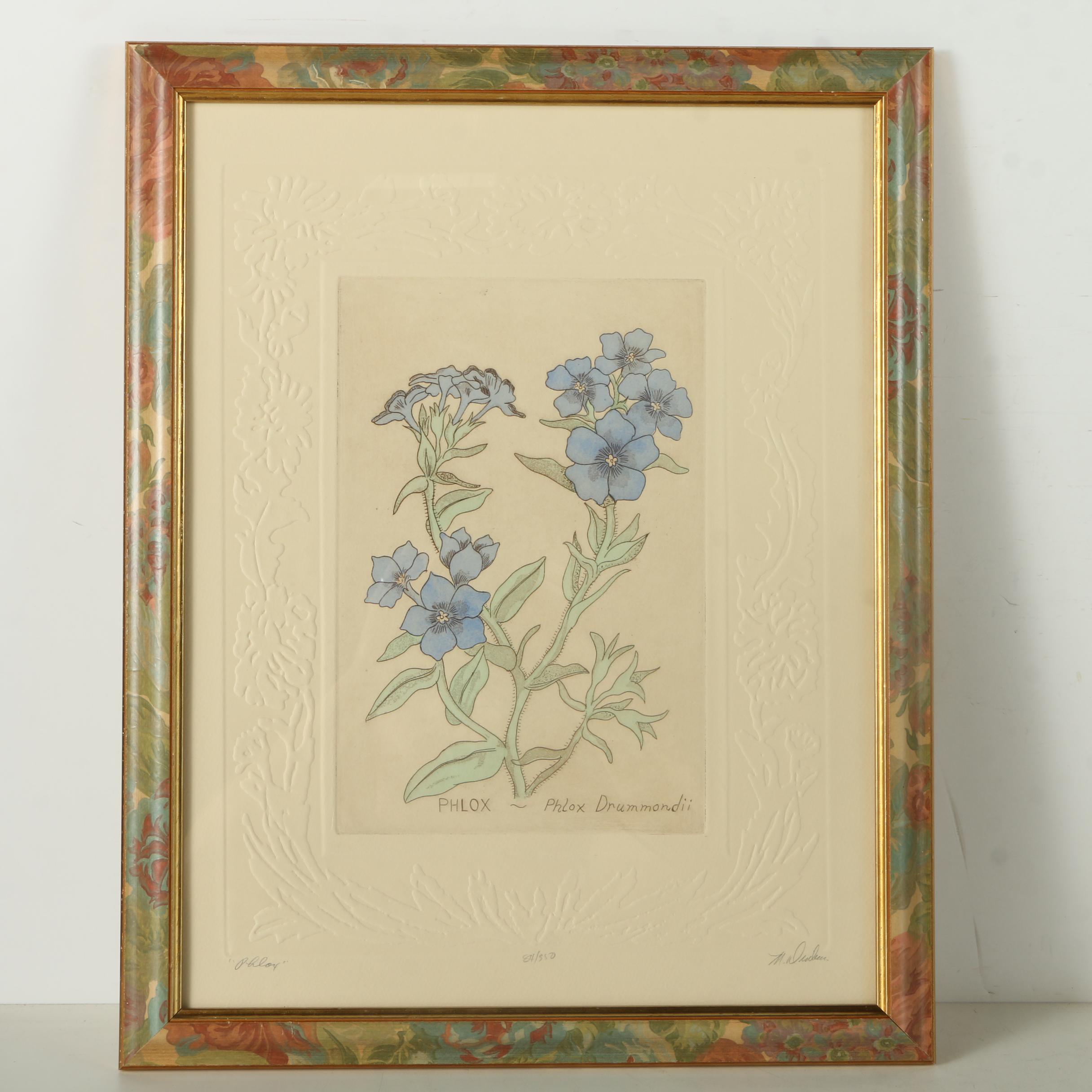 Limited Edition Hand Colored Etchings with Embossment "Phlox" and "Poppy"