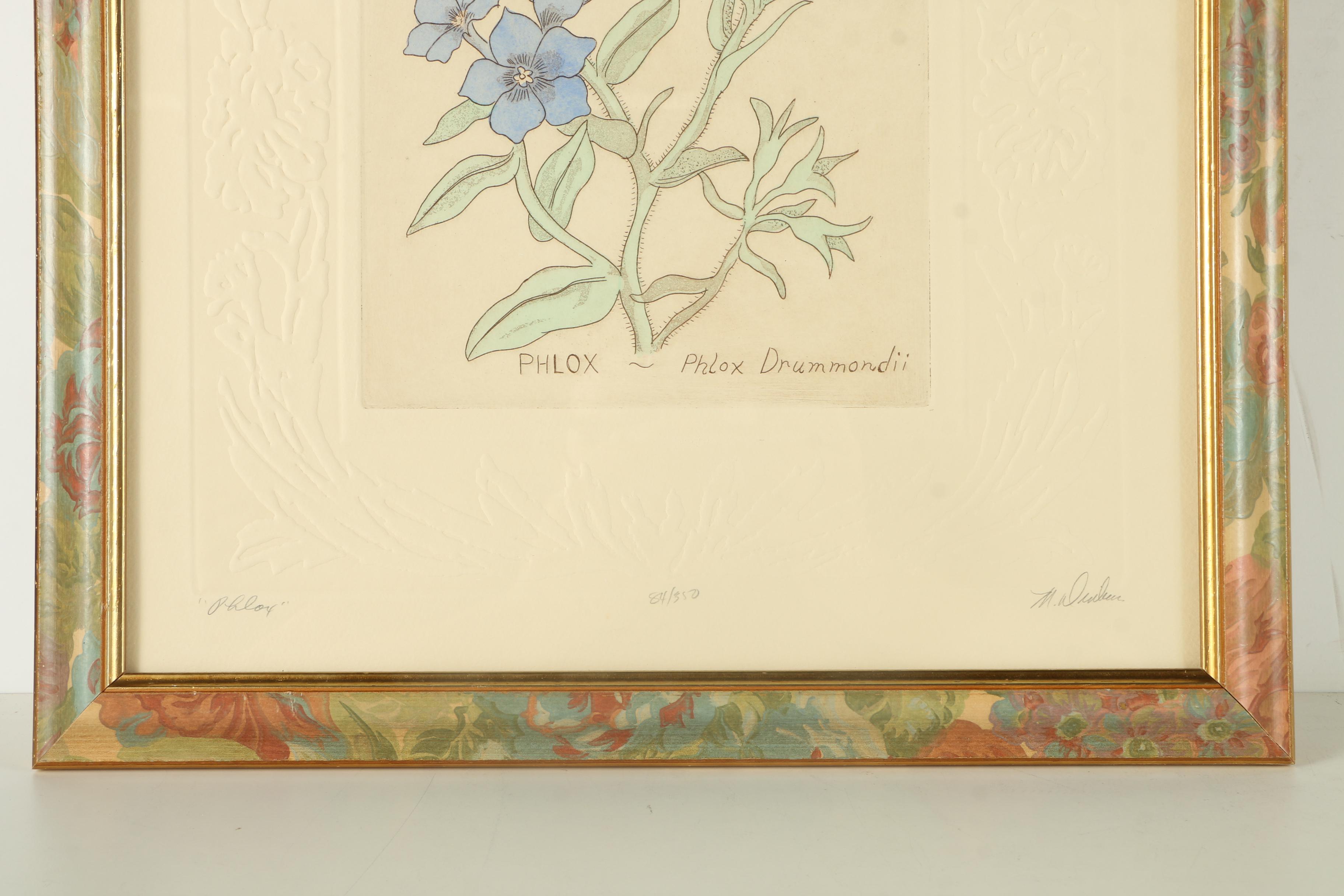Limited Edition Hand Colored Etchings with Embossment "Phlox" and "Poppy"