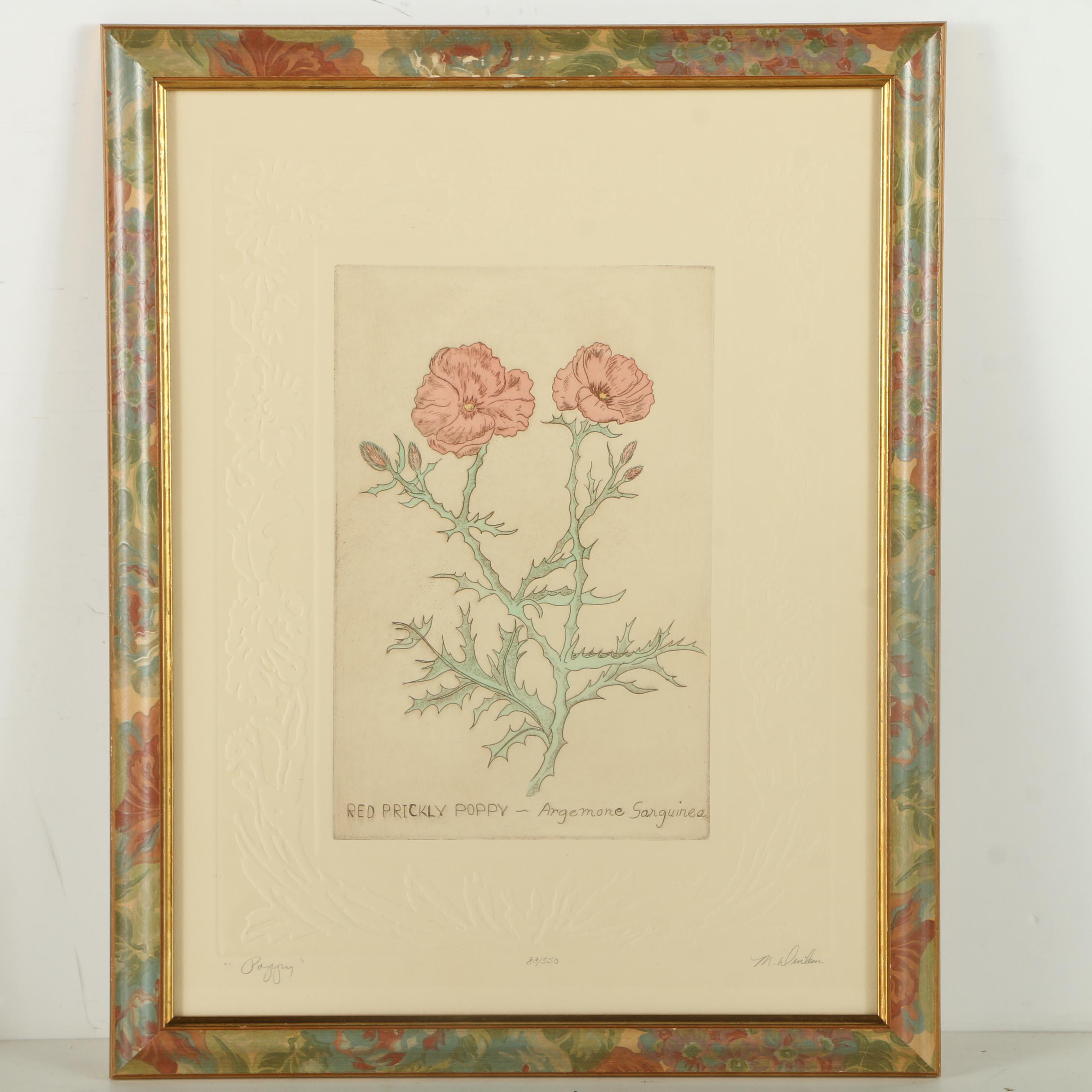 Limited Edition Hand Colored Etchings with Embossment "Phlox" and "Poppy"