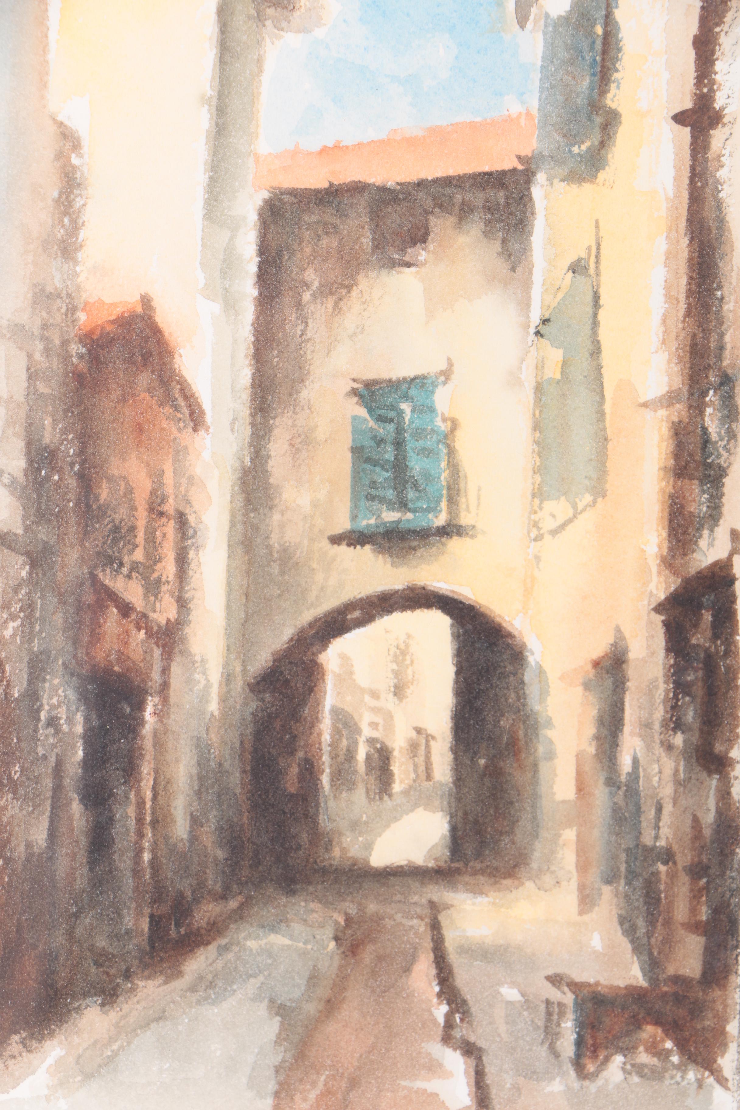 E. Dedoncker 1970s Watercolor Painting on Paper of Narrow European Street