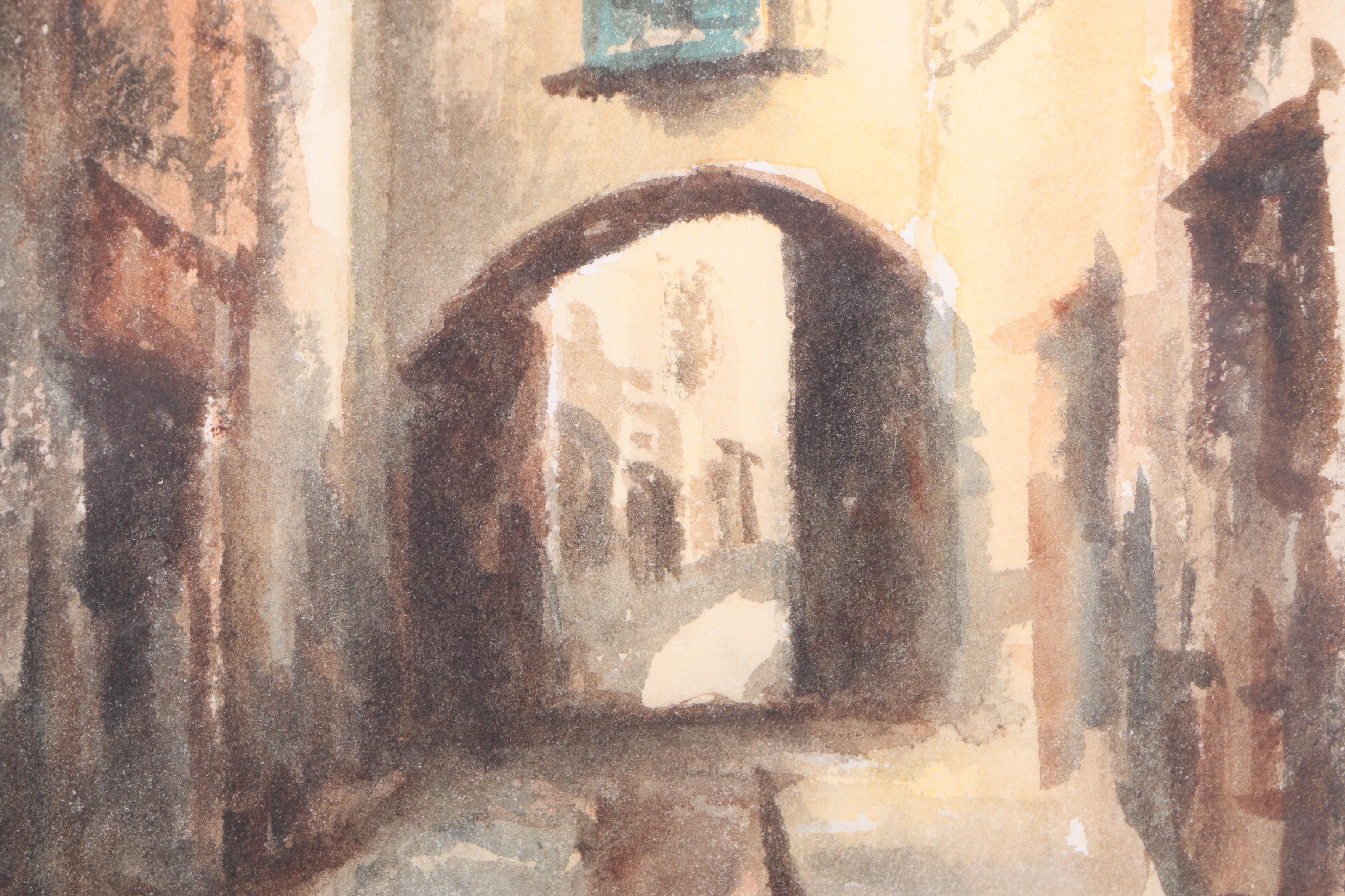 E. Dedoncker 1970s Watercolor Painting on Paper of Narrow European Street