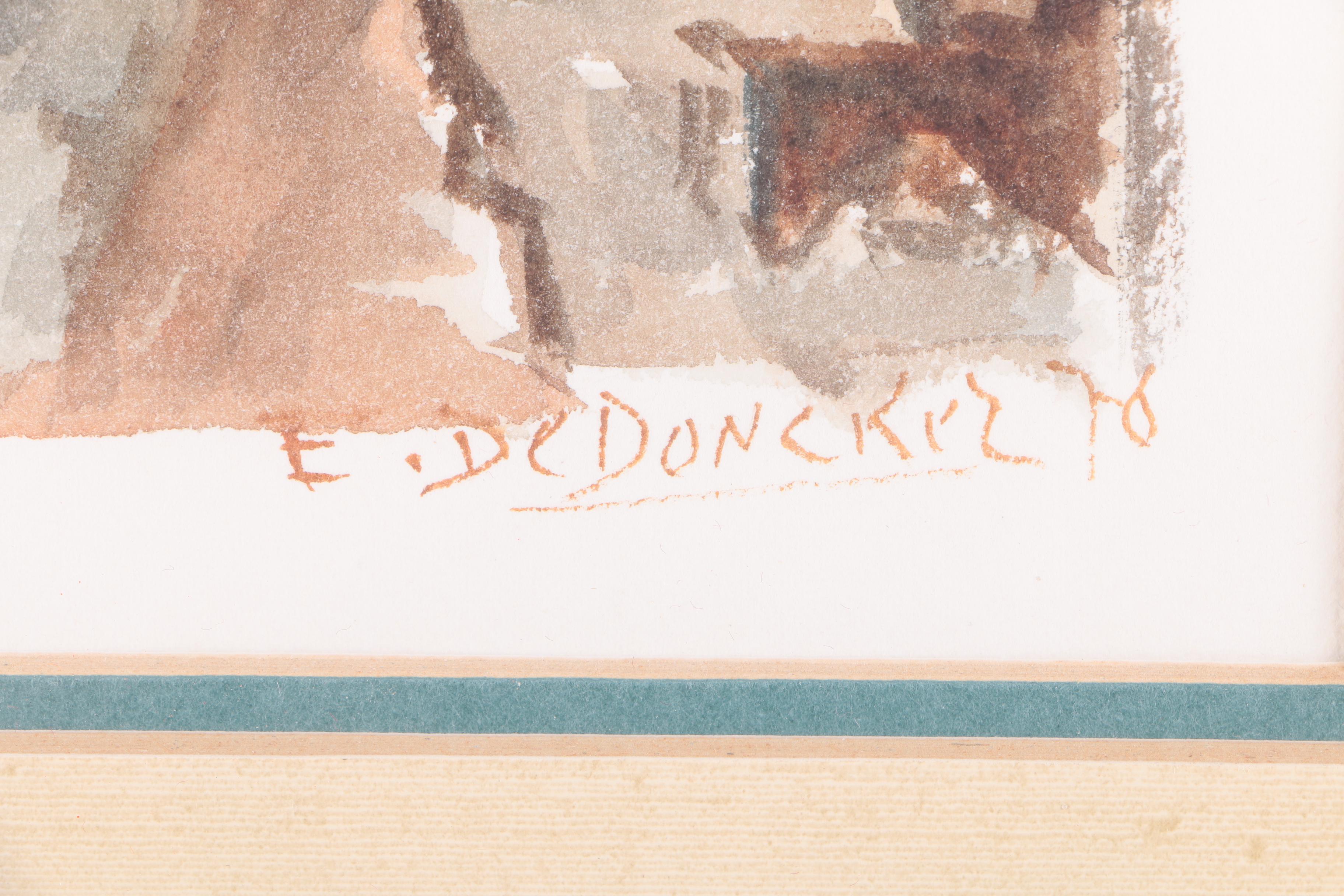 E. Dedoncker 1970s Watercolor Painting on Paper of Narrow European Street